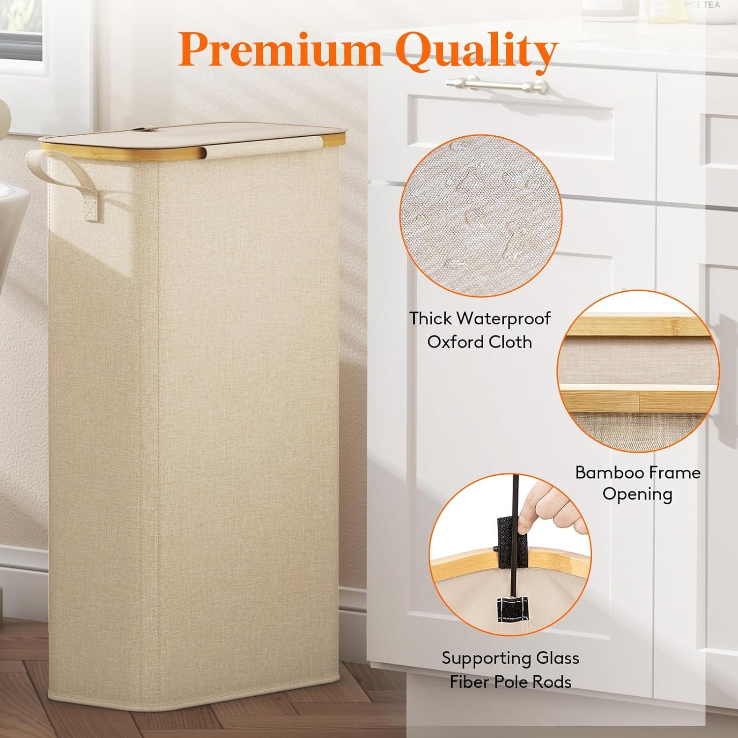 imageLifewit 65L Slim Laundry Hamper with Lid Narrow Laundry Basket with Removable Bag ampamp Bamboo Handles Fodable Thin Dirty Clothes Hamper for Laundry Collapsible Bin for Bathroom Bedroom Dorm Dark GrayBeige
