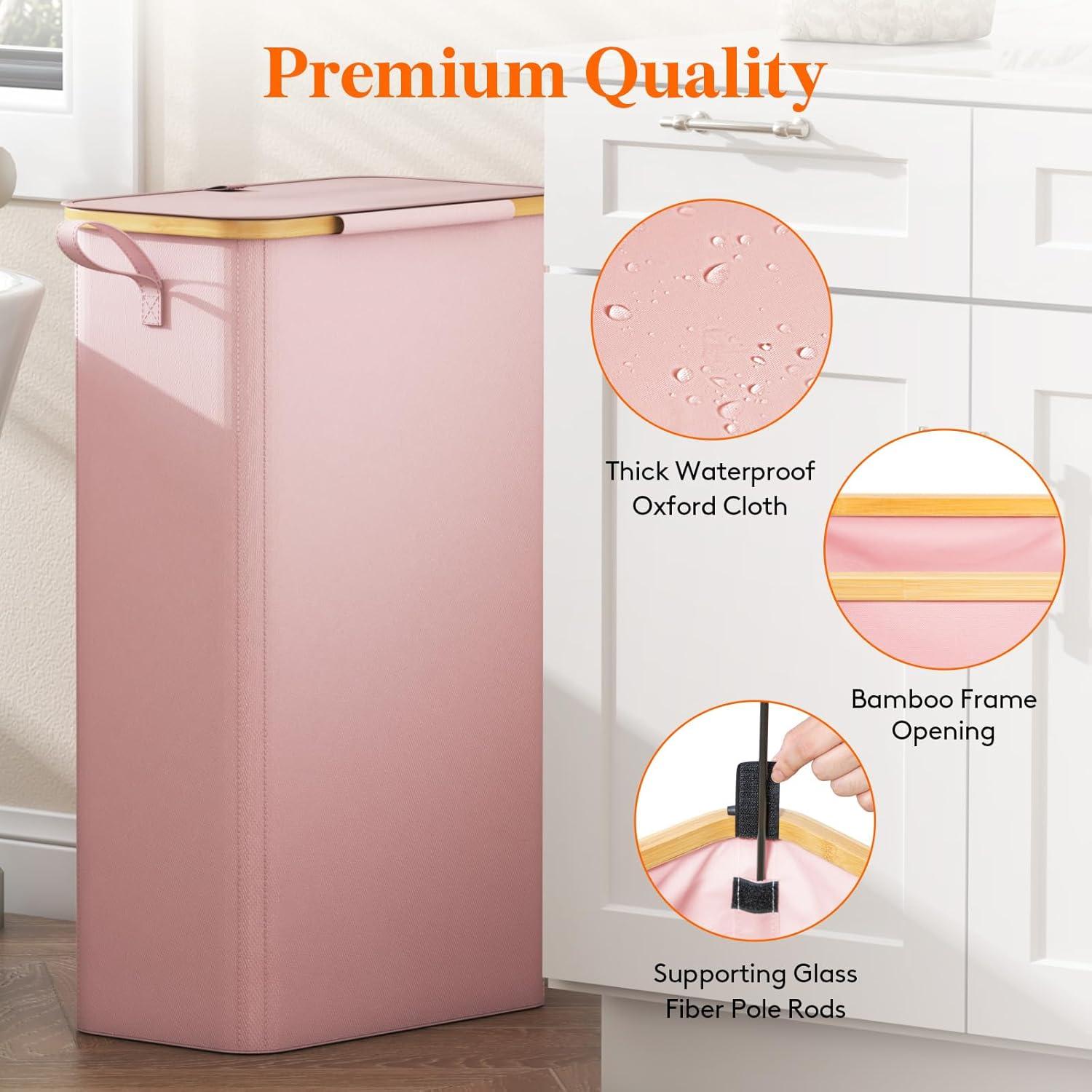 imageLifewit 65L Slim Laundry Hamper with Lid Narrow Laundry Basket with Removable Bag ampamp Bamboo Handles Fodable Thin Dirty Clothes Hamper for Laundry Collapsible Bin for Bathroom Bedroom Dorm Dark GrayPink