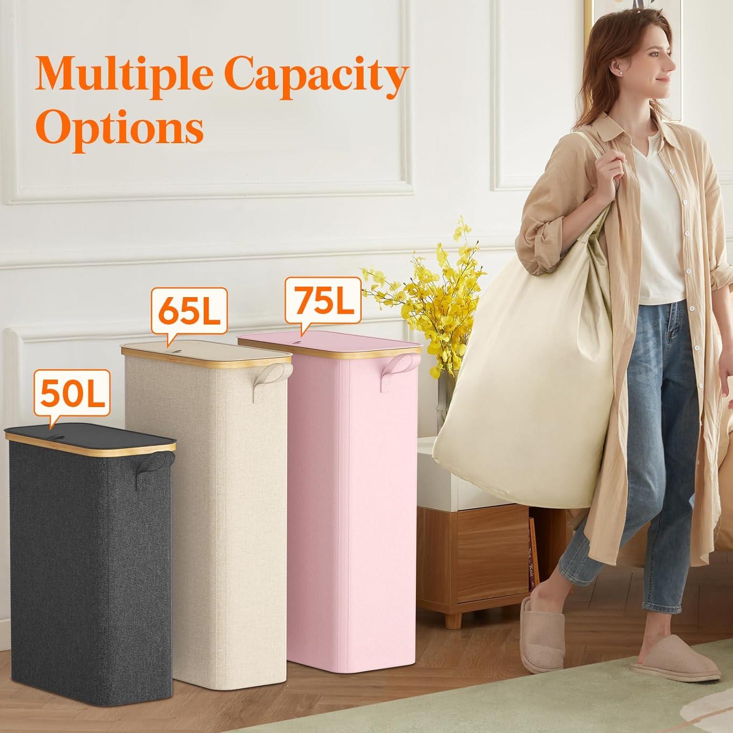 imageLifewit 65L Slim Laundry Hamper with Lid Narrow Laundry Basket with Removable Bag ampamp Bamboo Handles Fodable Thin Dirty Clothes Hamper for Laundry Collapsible Bin for Bathroom Bedroom Dorm Dark GrayWhite