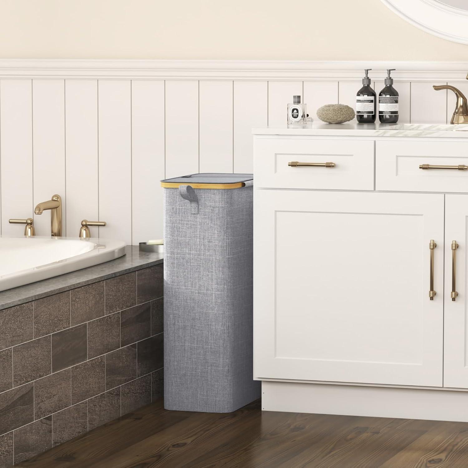 imageLifewit 65L Slim Laundry Hamper with Lid Narrow Laundry Basket with Removable Bag ampamp Bamboo Handles Fodable Thin Dirty Clothes Hamper for Laundry Collapsible Bin for Bathroom Bedroom Dorm Dark GrayGray