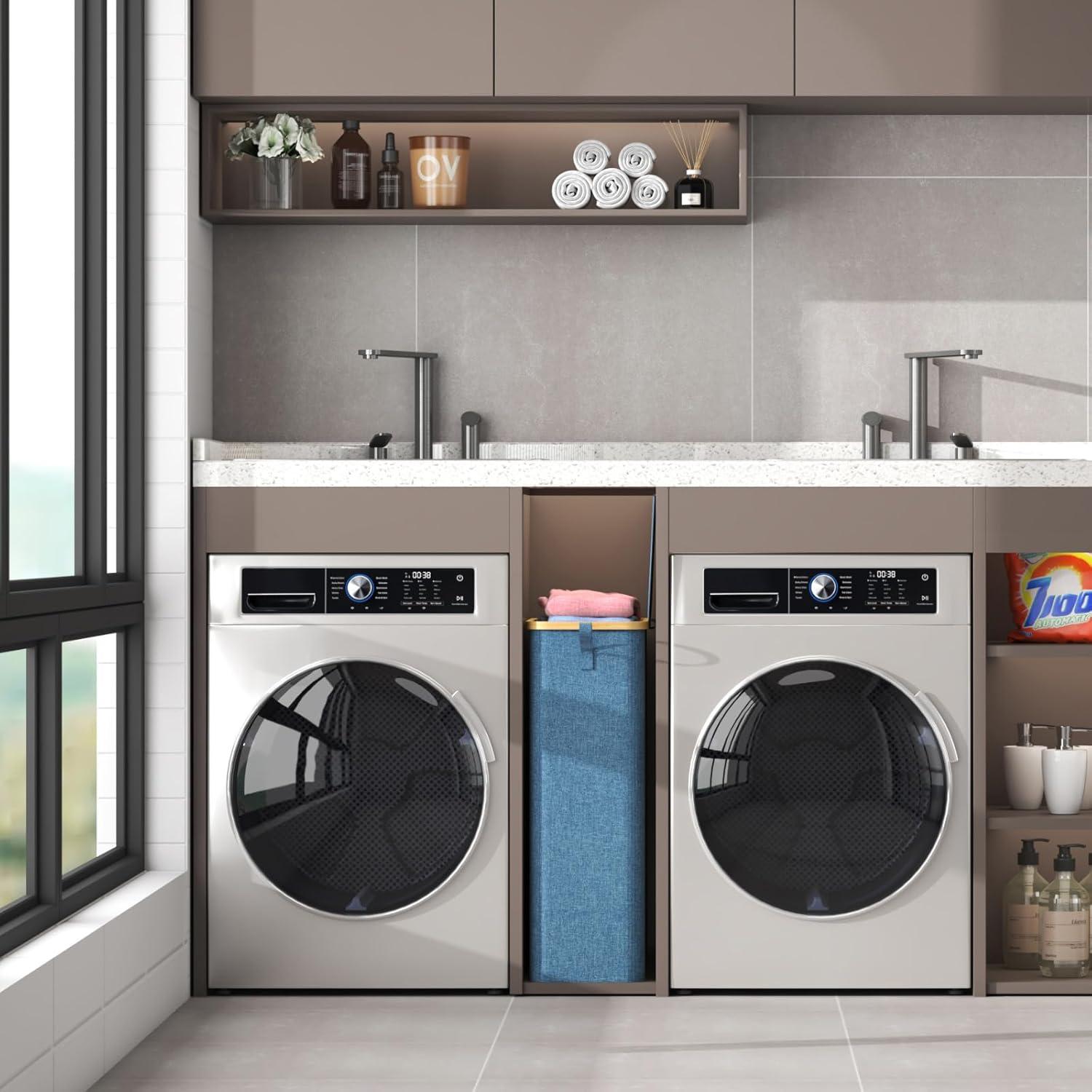 imageLifewit 65L Slim Laundry Hamper with Lid Narrow Laundry Basket with Removable Bag ampamp Bamboo Handles Fodable Thin Dirty Clothes Hamper for Laundry Collapsible Bin for Bathroom Bedroom Dorm Dark GrayDark Blue