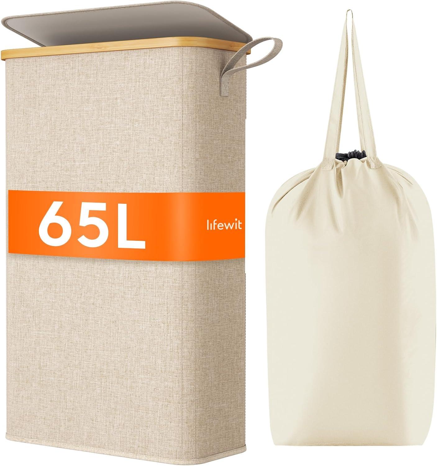 imageLifewit 65L Slim Laundry Hamper with Lid Narrow Laundry Basket with Removable Bag ampamp Bamboo Handles Fodable Thin Dirty Clothes Hamper for Laundry Collapsible Bin for Bathroom Bedroom Dorm Dark GrayBeige