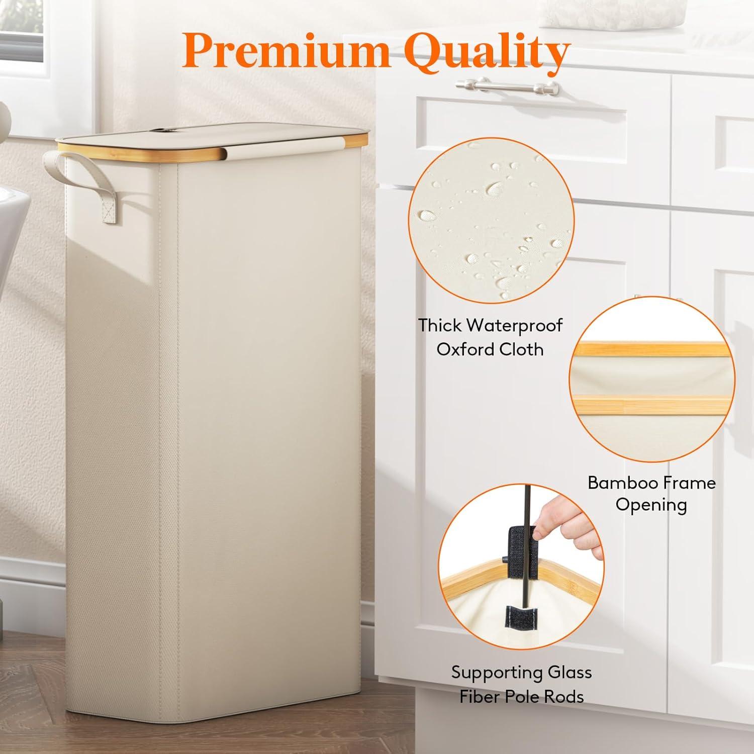 imageLifewit 65L Slim Laundry Hamper with Lid Narrow Laundry Basket with Removable Bag ampamp Bamboo Handles Fodable Thin Dirty Clothes Hamper for Laundry Collapsible Bin for Bathroom Bedroom Dorm Dark GrayWhite