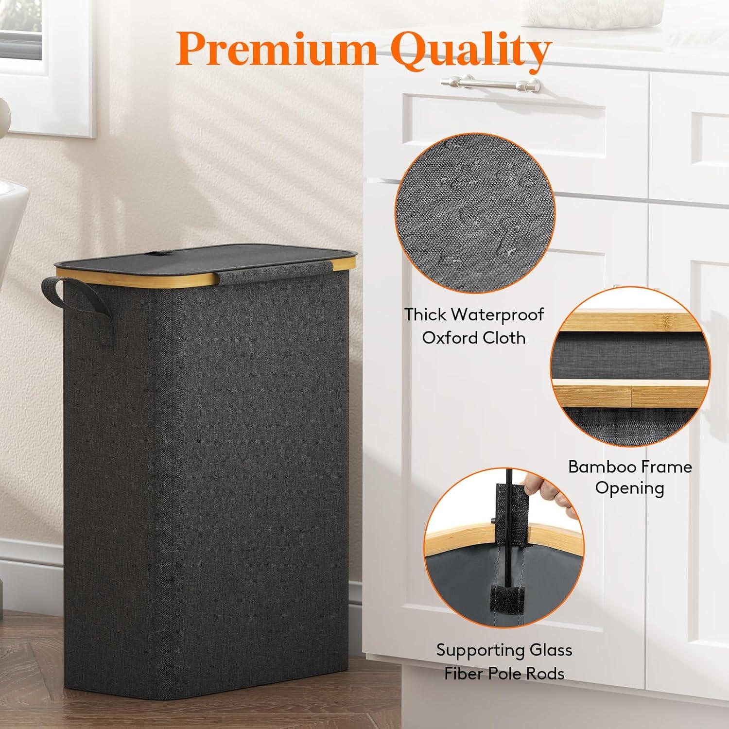 imageLifewit 65L Slim Laundry Hamper with Lid Narrow Laundry Basket with Removable Bag ampamp Bamboo Handles Fodable Thin Dirty Clothes Hamper for Laundry Collapsible Bin for Bathroom Bedroom Dorm Dark GrayDark Gray