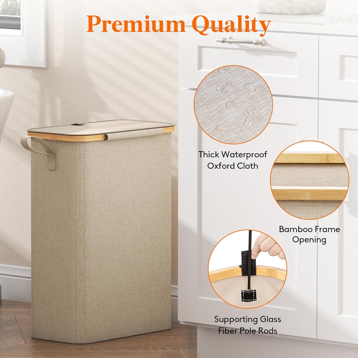 imageLifewit 65L Slim Laundry Hamper with Lid Narrow Laundry Basket with Removable Bag ampamp Bamboo Handles Fodable Thin Dirty Clothes Hamper for Laundry Collapsible Bin for Bathroom Bedroom Dorm Dark GrayBeige
