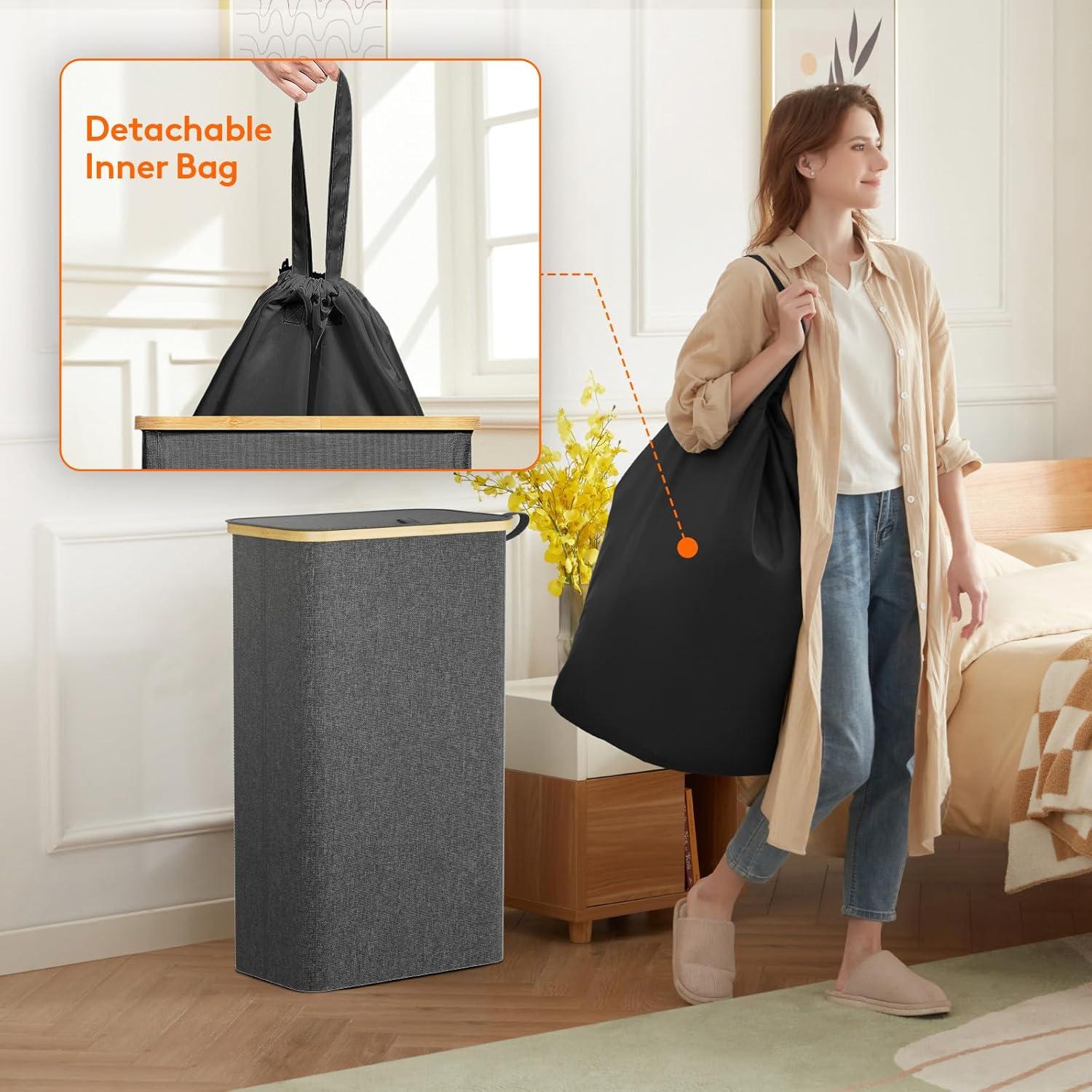 imageLifewit 65L Slim Laundry Hamper with Lid Narrow Laundry Basket with Removable Bag ampamp Bamboo Handles Fodable Thin Dirty Clothes Hamper for Laundry Collapsible Bin for Bathroom Bedroom Dorm Dark GrayDark Gray