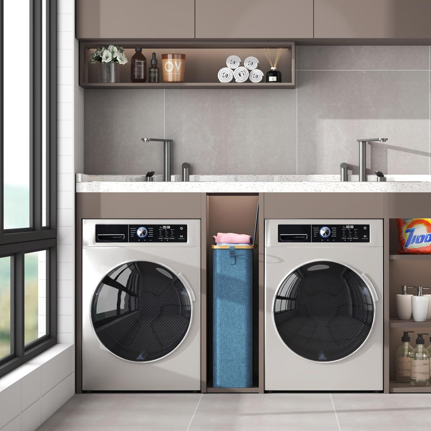 imageLifewit 65L Slim Laundry Hamper with Lid Narrow Laundry Basket with Removable Bag ampamp Bamboo Handles Fodable Thin Dirty Clothes Hamper for Laundry Collapsible Bin for Bathroom Bedroom Dorm Dark GrayDark Blue