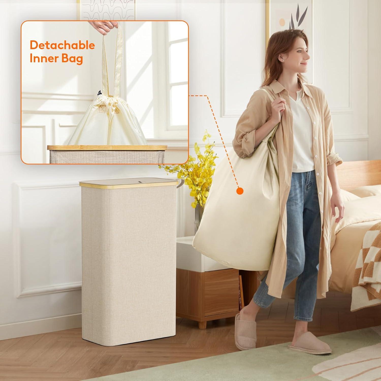 imageLifewit 65L Slim Laundry Hamper with Lid Narrow Laundry Basket with Removable Bag ampamp Bamboo Handles Fodable Thin Dirty Clothes Hamper for Laundry Collapsible Bin for Bathroom Bedroom Dorm Dark GrayBeige