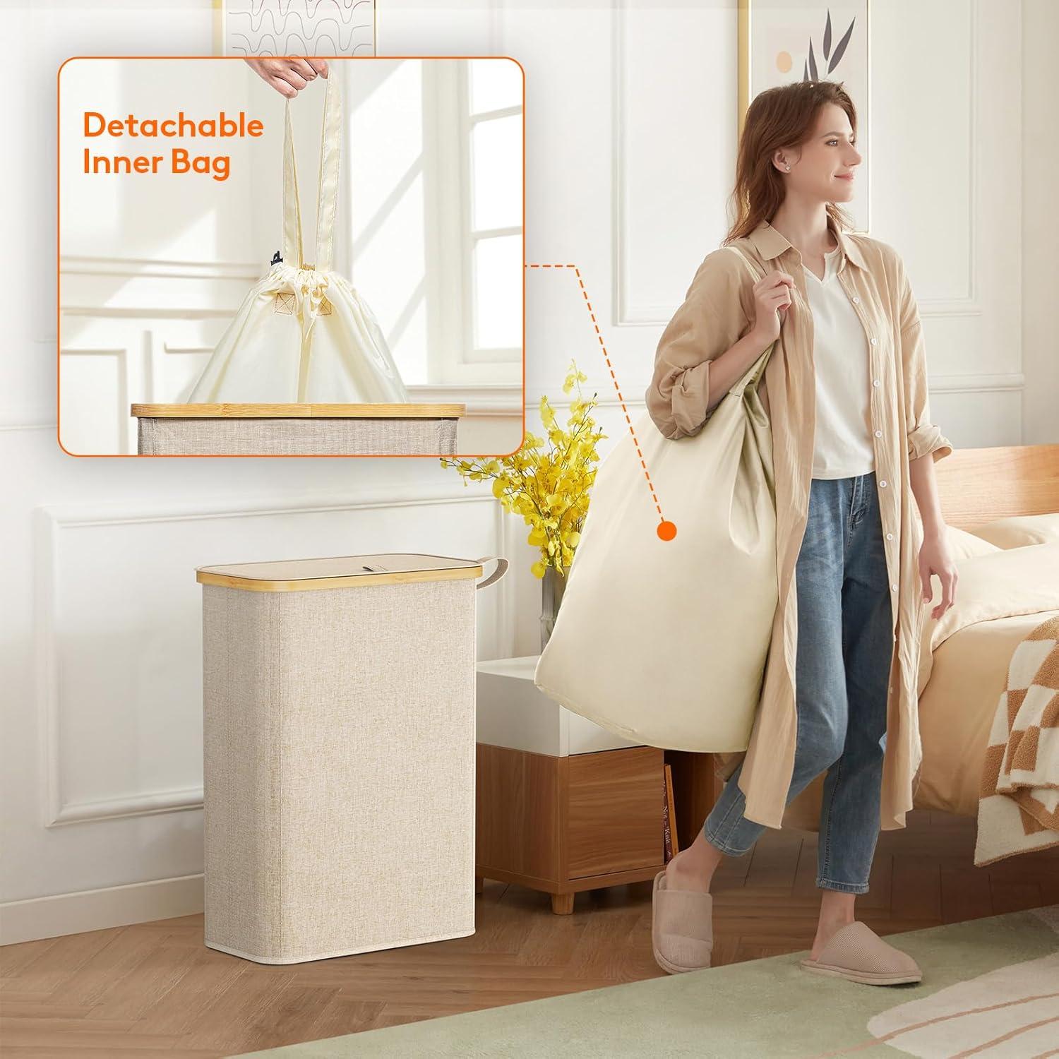 imageLifewit 65L Slim Laundry Hamper with Lid Narrow Laundry Basket with Removable Bag ampamp Bamboo Handles Fodable Thin Dirty Clothes Hamper for Laundry Collapsible Bin for Bathroom Bedroom Dorm Dark GrayBeige