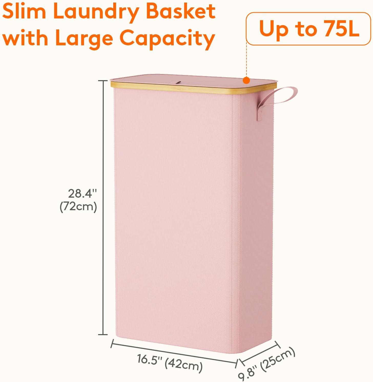 imageLifewit 65L Slim Laundry Hamper with Lid Narrow Laundry Basket with Removable Bag ampamp Bamboo Handles Fodable Thin Dirty Clothes Hamper for Laundry Collapsible Bin for Bathroom Bedroom Dorm Dark GrayPink