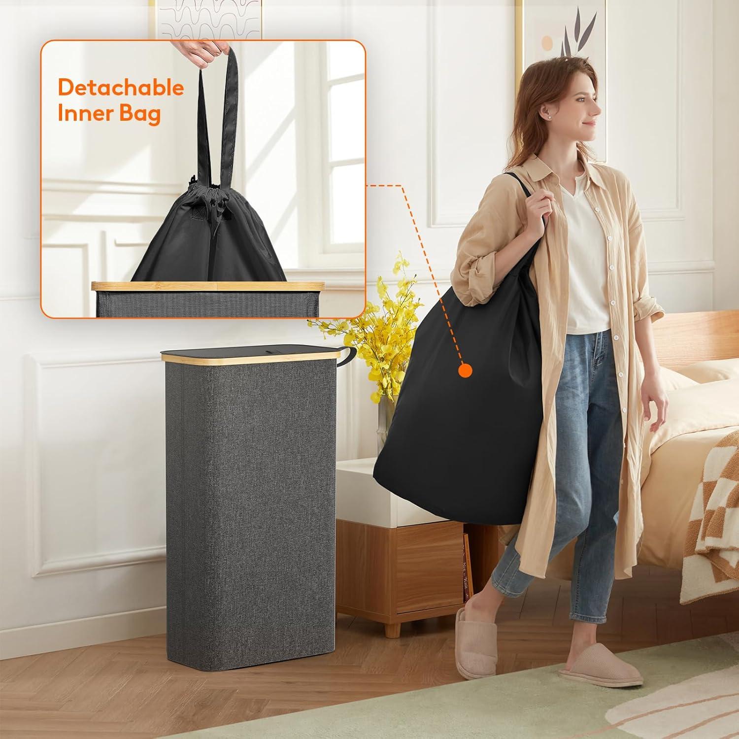 imageLifewit 65L Slim Laundry Hamper with Lid Narrow Laundry Basket with Removable Bag ampamp Bamboo Handles Fodable Thin Dirty Clothes Hamper for Laundry Collapsible Bin for Bathroom Bedroom Dorm Dark GrayDark Gray