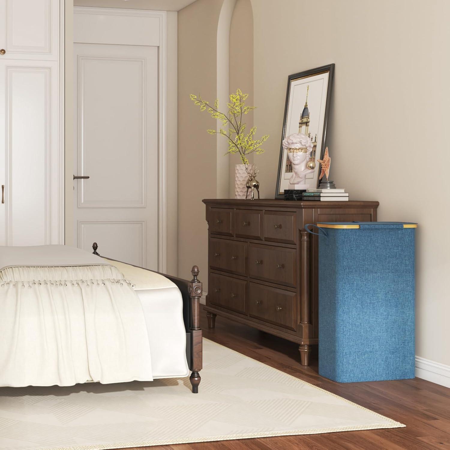 imageLifewit 65L Slim Laundry Hamper with Lid Narrow Laundry Basket with Removable Bag ampamp Bamboo Handles Fodable Thin Dirty Clothes Hamper for Laundry Collapsible Bin for Bathroom Bedroom Dorm Dark GrayDark Blue