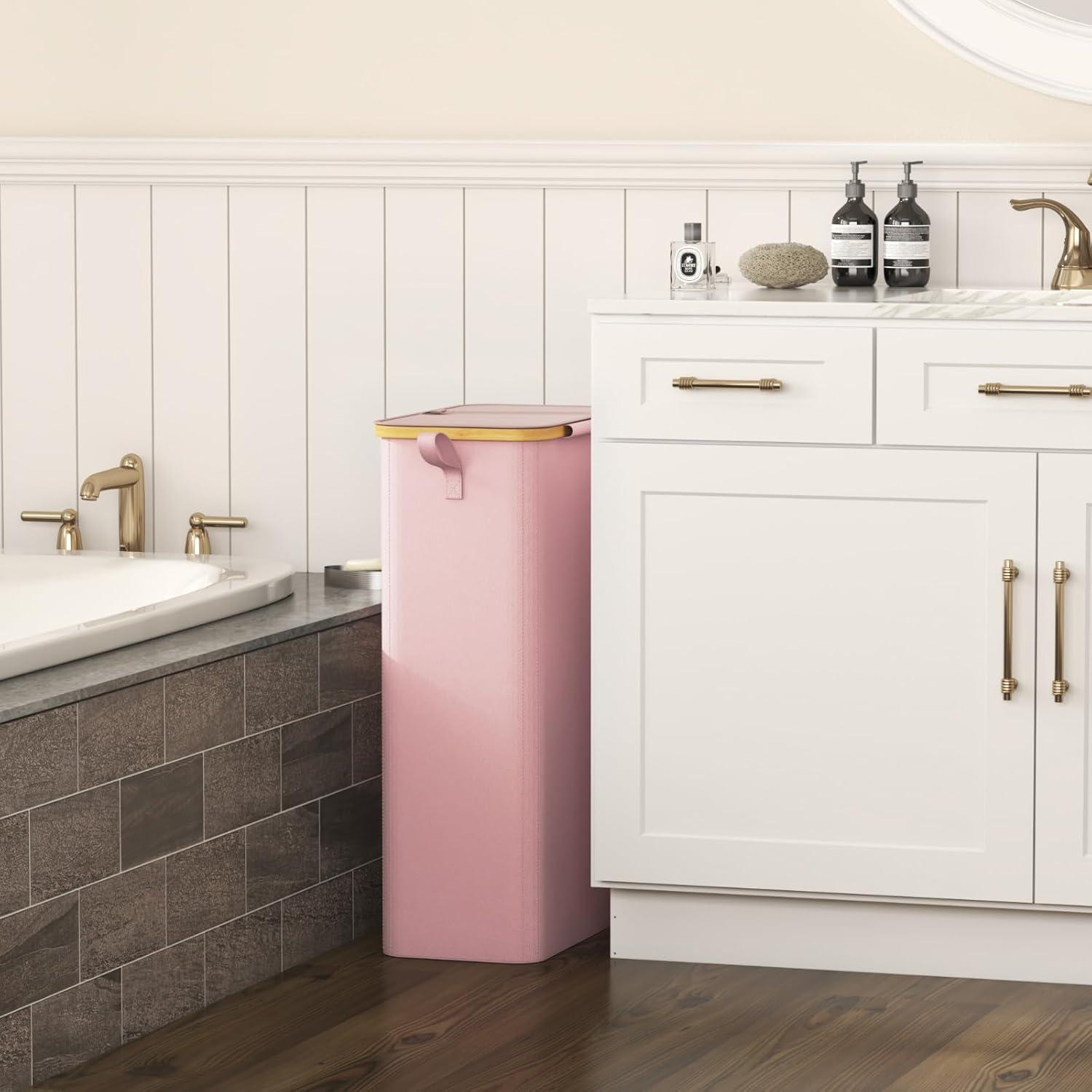 imageLifewit 65L Slim Laundry Hamper with Lid Narrow Laundry Basket with Removable Bag ampamp Bamboo Handles Fodable Thin Dirty Clothes Hamper for Laundry Collapsible Bin for Bathroom Bedroom Dorm Dark GrayPink