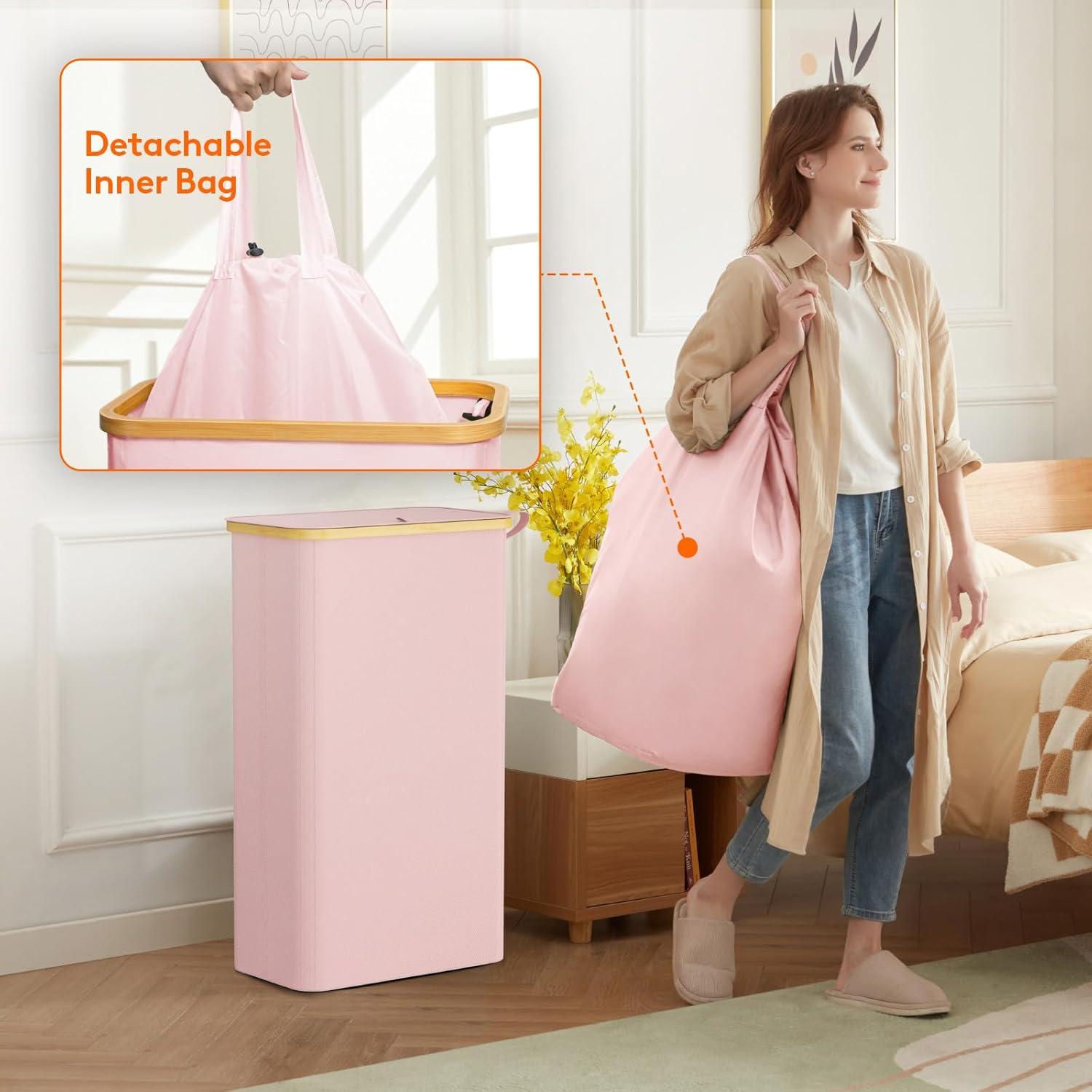 imageLifewit 65L Slim Laundry Hamper with Lid Narrow Laundry Basket with Removable Bag ampamp Bamboo Handles Fodable Thin Dirty Clothes Hamper for Laundry Collapsible Bin for Bathroom Bedroom Dorm Dark GrayPink