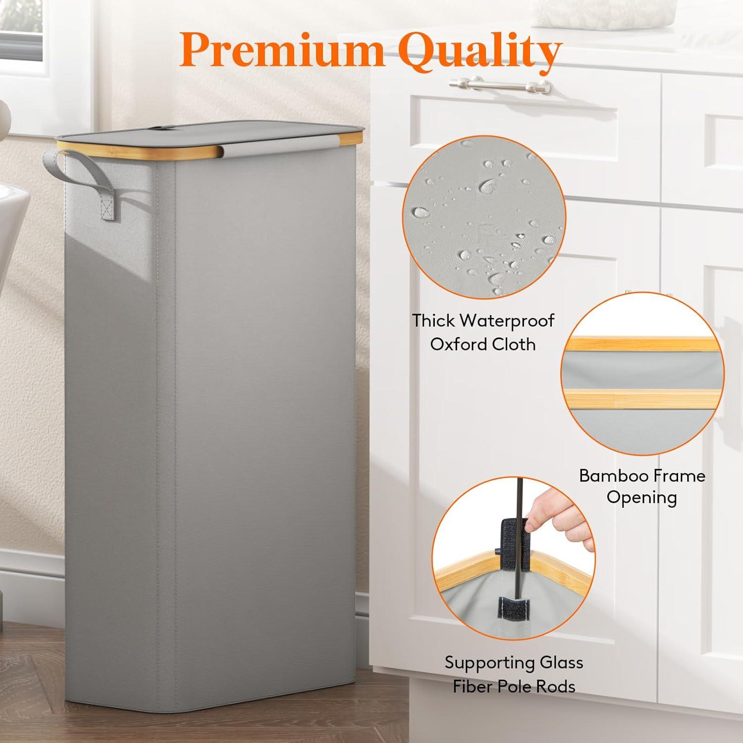 imageLifewit 65L Slim Laundry Hamper with Lid Narrow Laundry Basket with Removable Bag ampamp Bamboo Handles Fodable Thin Dirty Clothes Hamper for Laundry Collapsible Bin for Bathroom Bedroom Dorm Dark GraySilver Grey