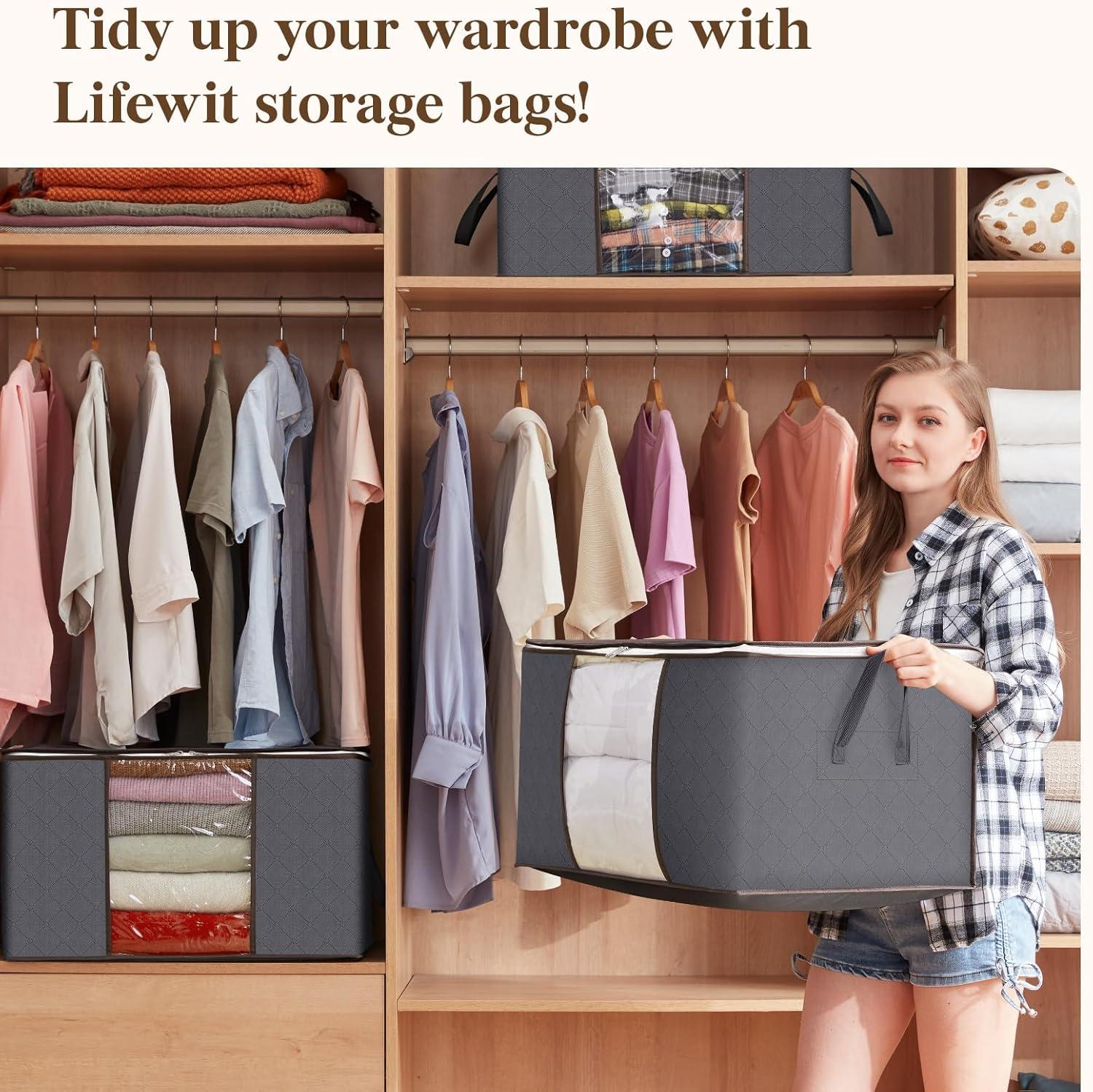 imageLifewit 90L Large Storage Bags Closet Organizers and Storage Clothes Storage Bins with Lids Foldable Storage Containers with Reinforced Handles for Clothing Blanket Bedding Comforter 3 Pack GrayGray