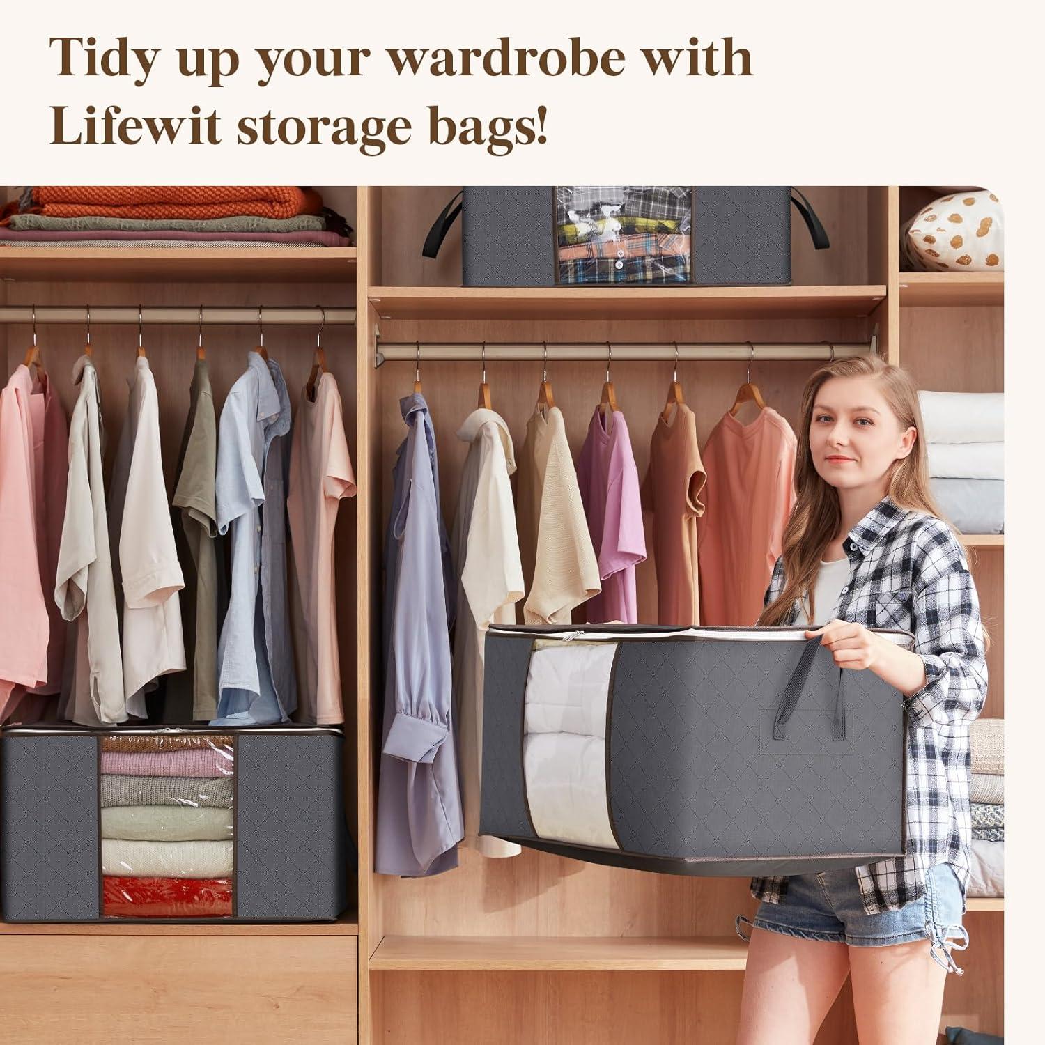 imageLifewit 90L Large Storage Bags Closet Organizers and Storage Clothes Storage Bins with Lids Foldable Storage Containers with Reinforced Handles for Clothing Blanket Bedding Comforter 3 Pack GrayGray