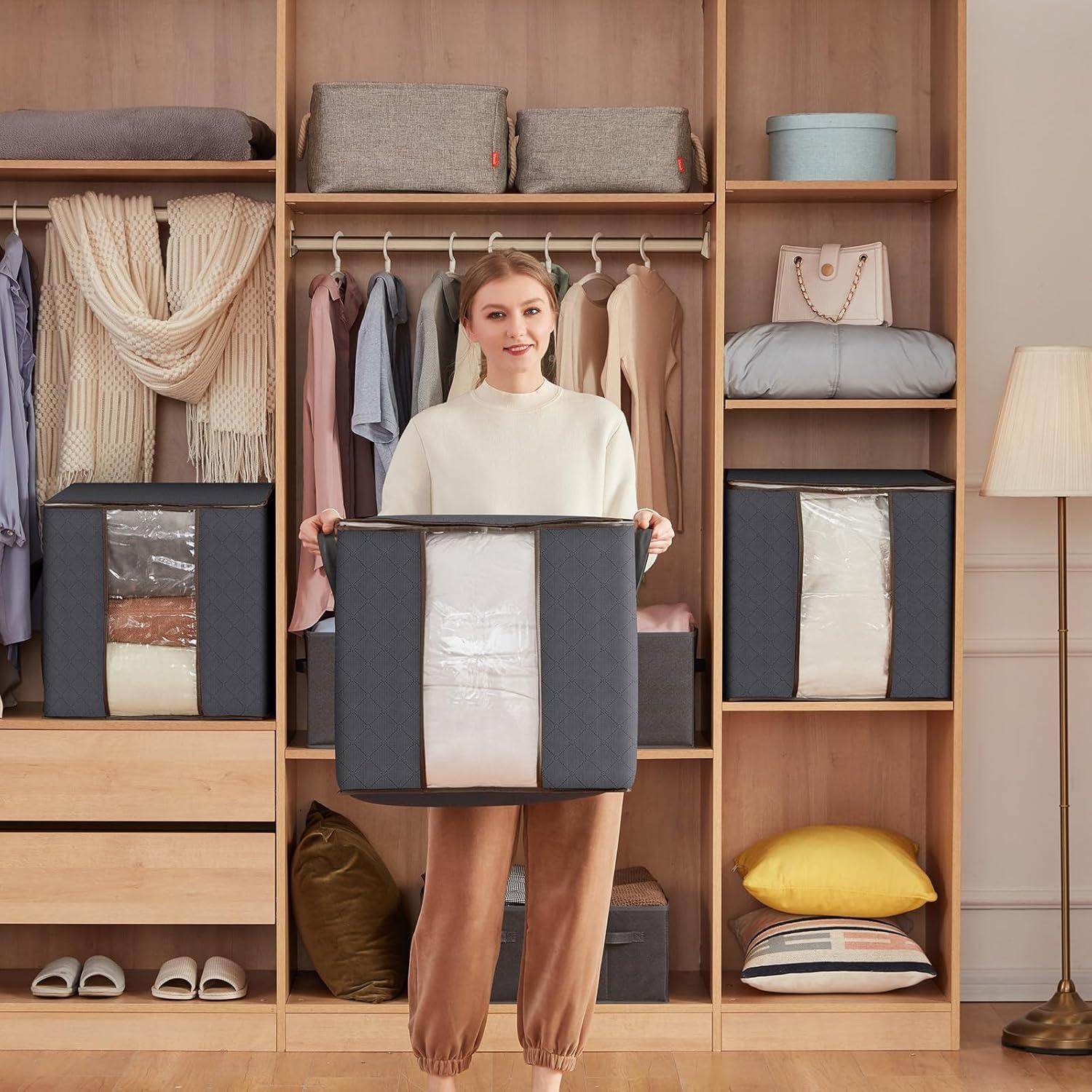 imageLifewit 90L Large Storage Bags Closet Organizers and Storage Clothes Storage Bins with Lids Foldable Storage Containers with Reinforced Handles for Clothing Blanket Bedding Comforter 3 Pack GrayGray