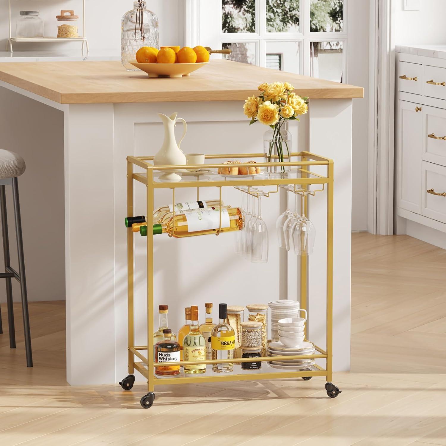 imageLifewit Bar Cart Home Serving Cart with 2 Tier Glass Shelves Liquor Rolling Cart with Lockable Wheels Glass Holder and Wine Rack Beverage Cart for Kitchen Dining Living Room Goldmodern