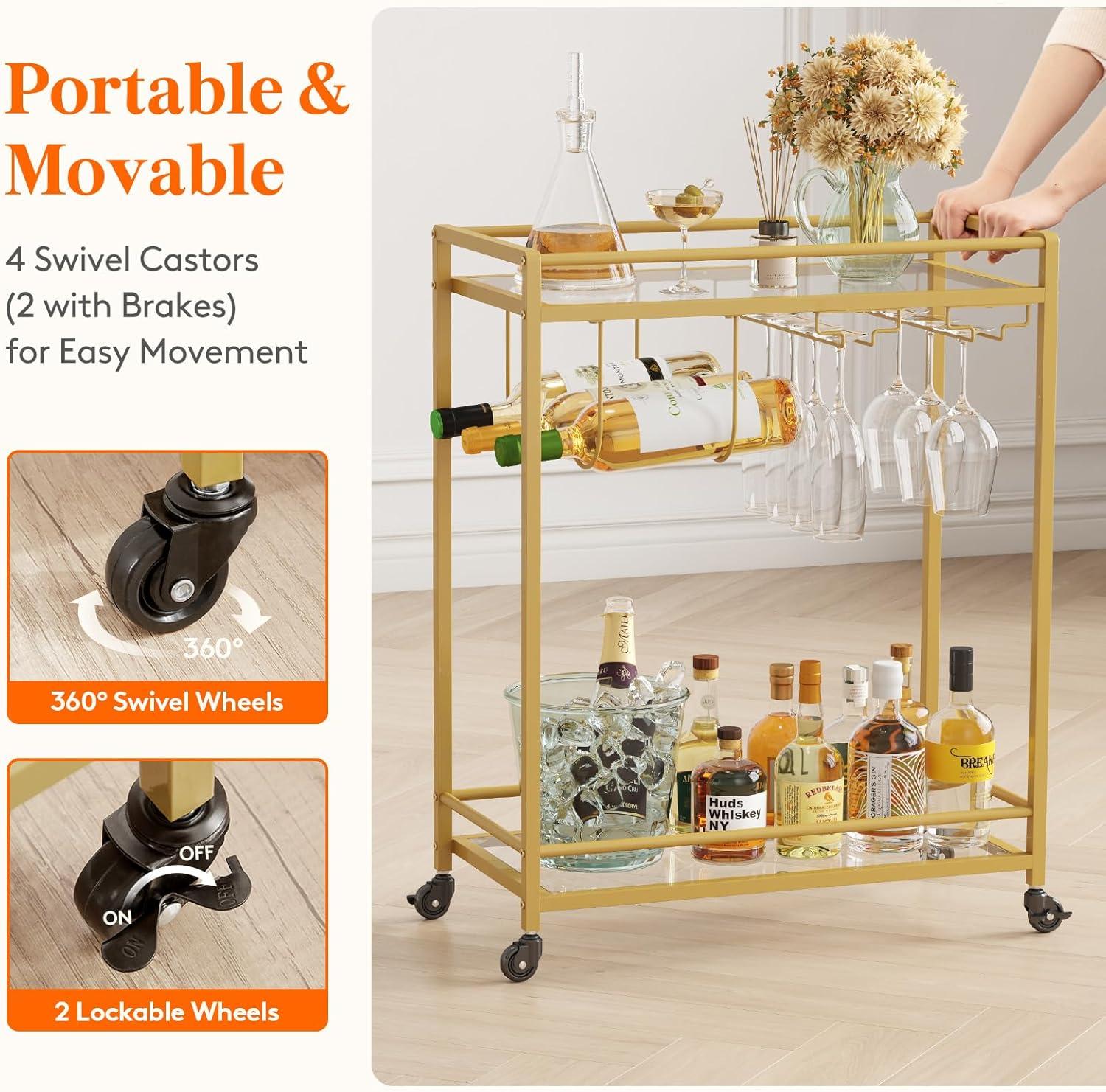 imageLifewit Bar Cart Home Serving Cart with 2 Tier Glass Shelves Liquor Rolling Cart with Lockable Wheels Glass Holder and Wine Rack Beverage Cart for Kitchen Dining Living Room Goldmodern