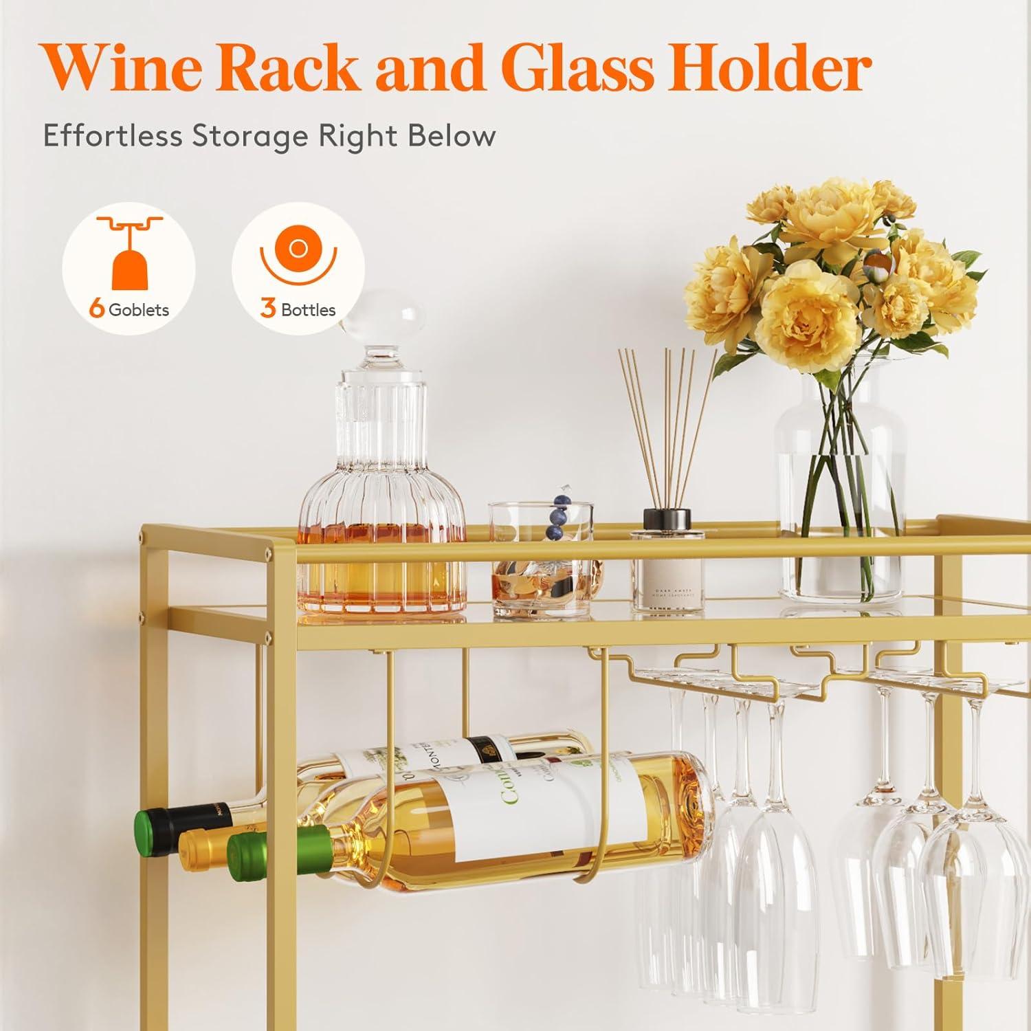 imageLifewit Bar Cart Home Serving Cart with 2 Tier Glass Shelves Liquor Rolling Cart with Lockable Wheels Glass Holder and Wine Rack Beverage Cart for Kitchen Dining Living Room Goldmodern