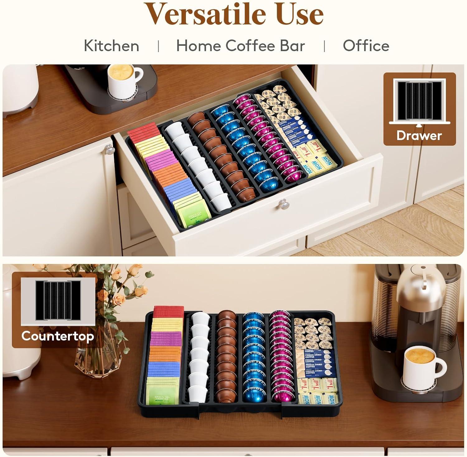 imageLifewit Coffee Pod Holder Drawer Organizer Expandable Coffee Pods Storage Drawers Insert for Tea Bags Bar Organizer Compatible with K Cup Nespresso OriginalLine VertuoLine Capsules Black