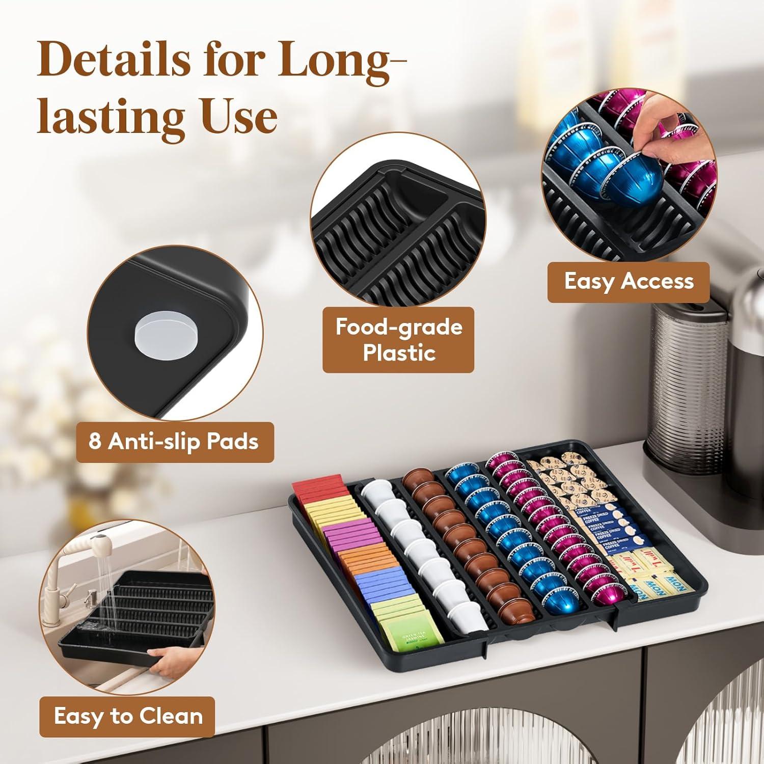 imageLifewit Coffee Pod Holder Drawer Organizer Expandable Coffee Pods Storage Drawers Insert for Tea Bags Bar Organizer Compatible with K Cup Nespresso OriginalLine VertuoLine Capsules Black