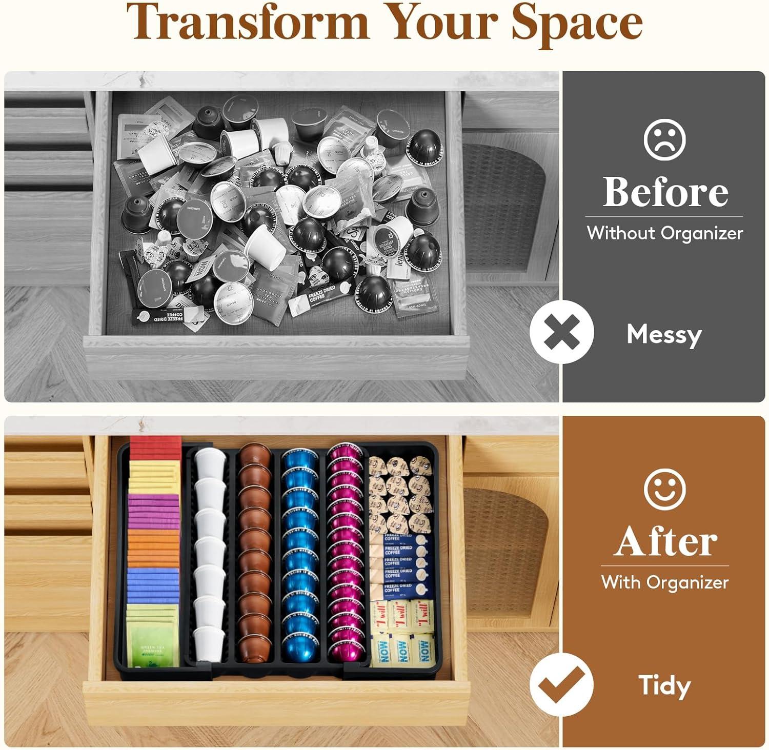 imageLifewit Coffee Pod Holder Drawer Organizer Expandable Coffee Pods Storage Drawers Insert for Tea Bags Bar Organizer Compatible with K Cup Nespresso OriginalLine VertuoLine Capsules Black