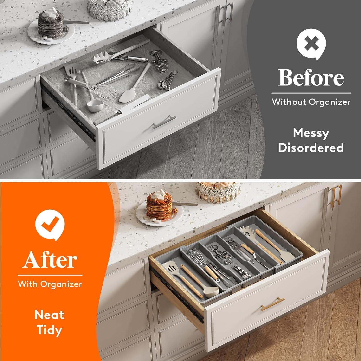 imageLifewit Cooking Utensil Drawer Organizer Expandable from 13 to 224 inches Adjustable Cutlery Silverware Tray Plastic Flatware Spatula Holder Kitchen Tools Gadgets Storage Divider BlackGray