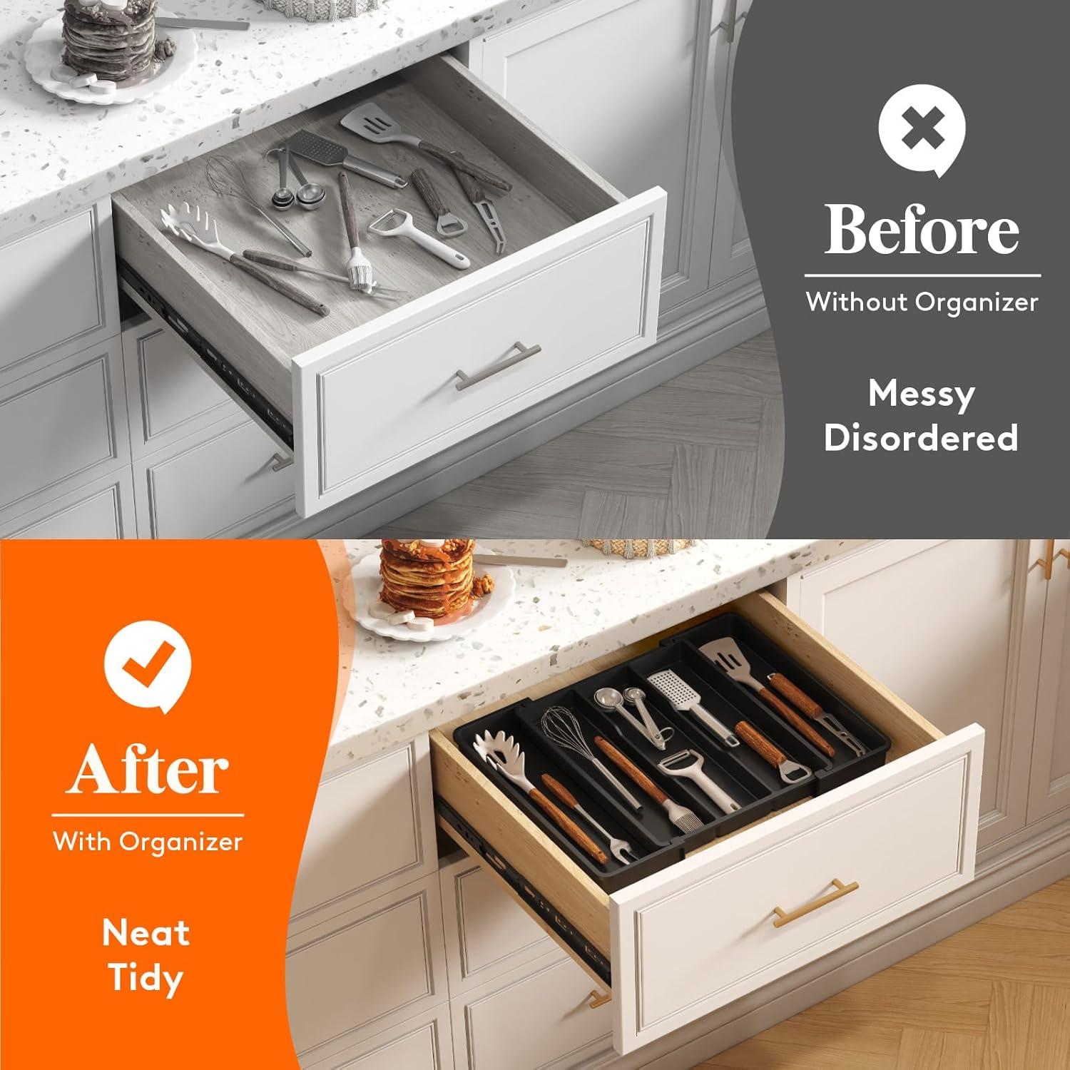 imageLifewit Cooking Utensil Drawer Organizer Expandable from 13 to 224 inches Adjustable Cutlery Silverware Tray Plastic Flatware Spatula Holder Kitchen Tools Gadgets Storage Divider BlackBlack