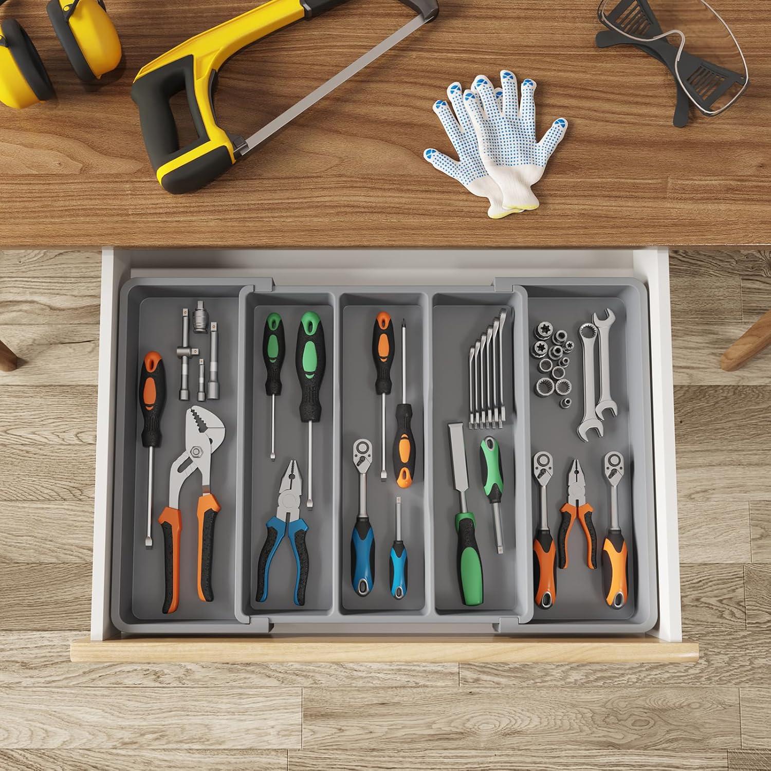 imageLifewit Cooking Utensil Drawer Organizer Expandable from 13 to 224 inches Adjustable Cutlery Silverware Tray Plastic Flatware Spatula Holder Kitchen Tools Gadgets Storage Divider BlackGray