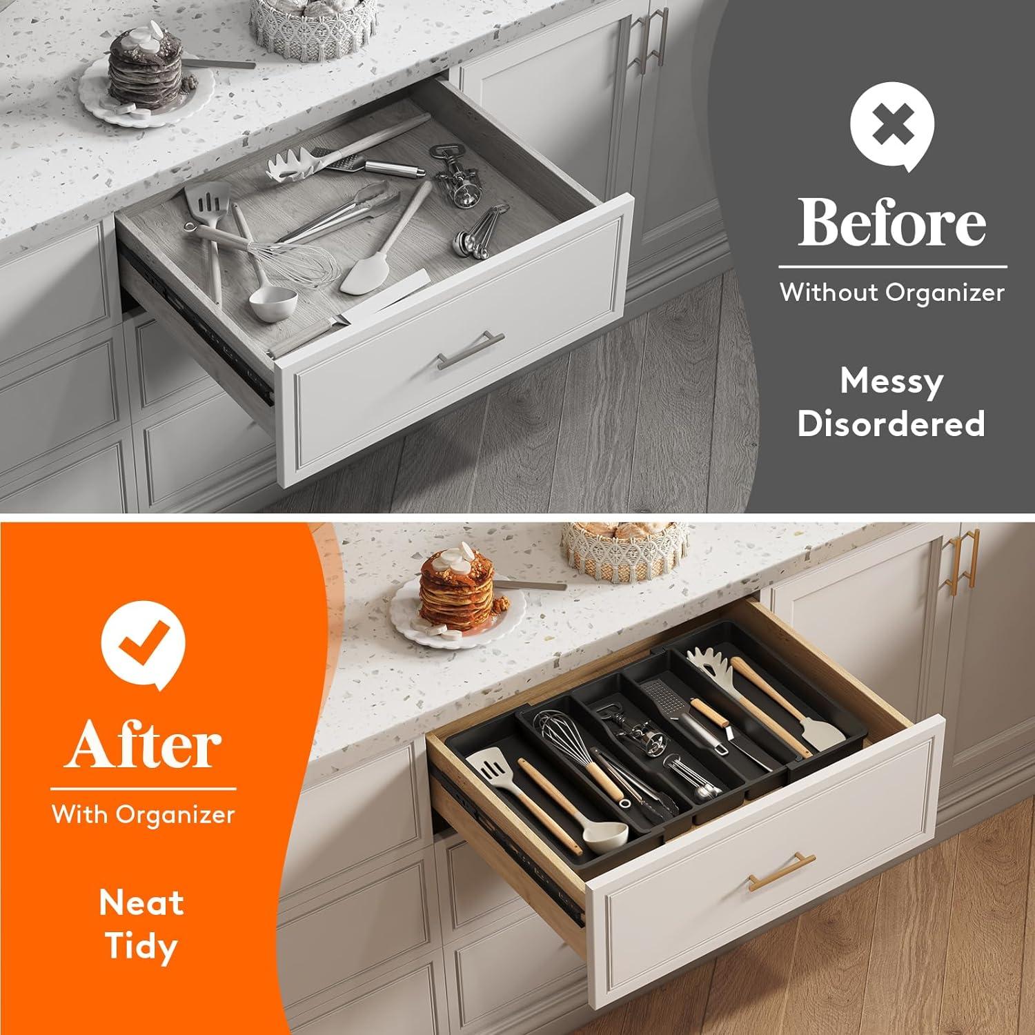 imageLifewit Cooking Utensil Drawer Organizer Expandable from 13 to 224 inches Adjustable Cutlery Silverware Tray Plastic Flatware Spatula Holder Kitchen Tools Gadgets Storage Divider BlackBlack