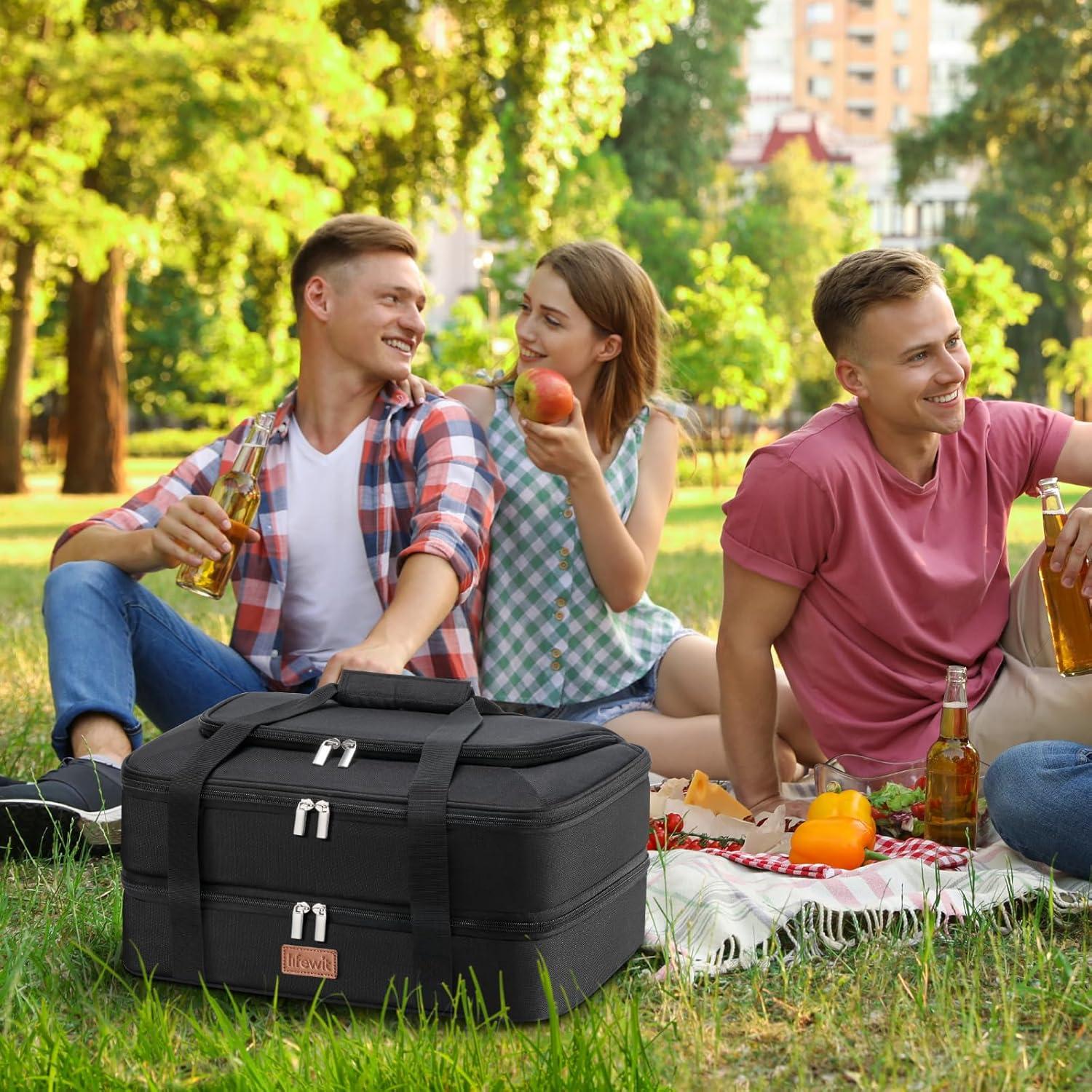 imageLifewit Double Decker Casserole Carrier for Hot and Cold Food Insulated Casserole Dish Carrier Carrying Case with Tool Room Thermal Bag for Potluck Parties Cookouts Fits 9quot13quot Baking Dish GrayBlack