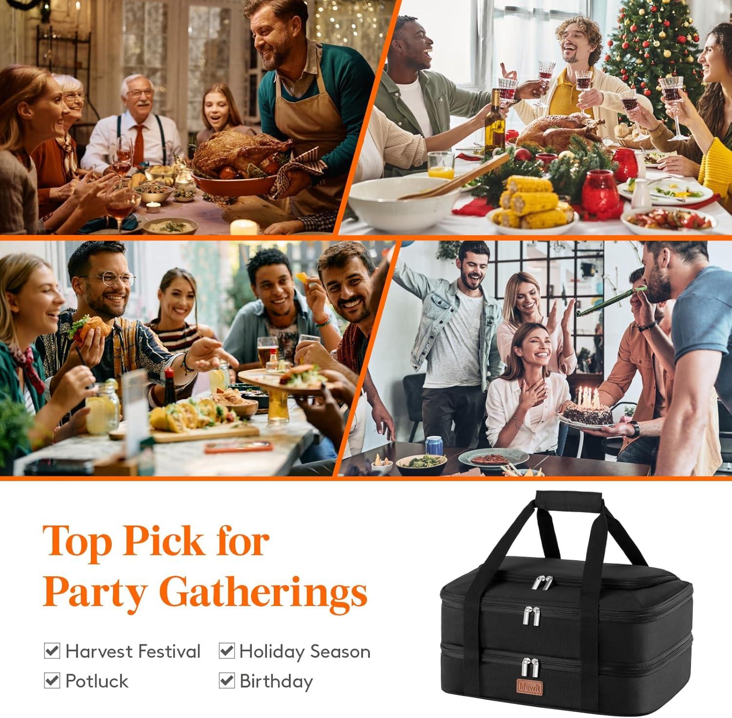 imageLifewit Double Decker Casserole Carrier for Hot and Cold Food Insulated Casserole Dish Carrier Carrying Case with Tool Room Thermal Bag for Potluck Parties Cookouts Fits 9quot13quot Baking Dish GrayBlack