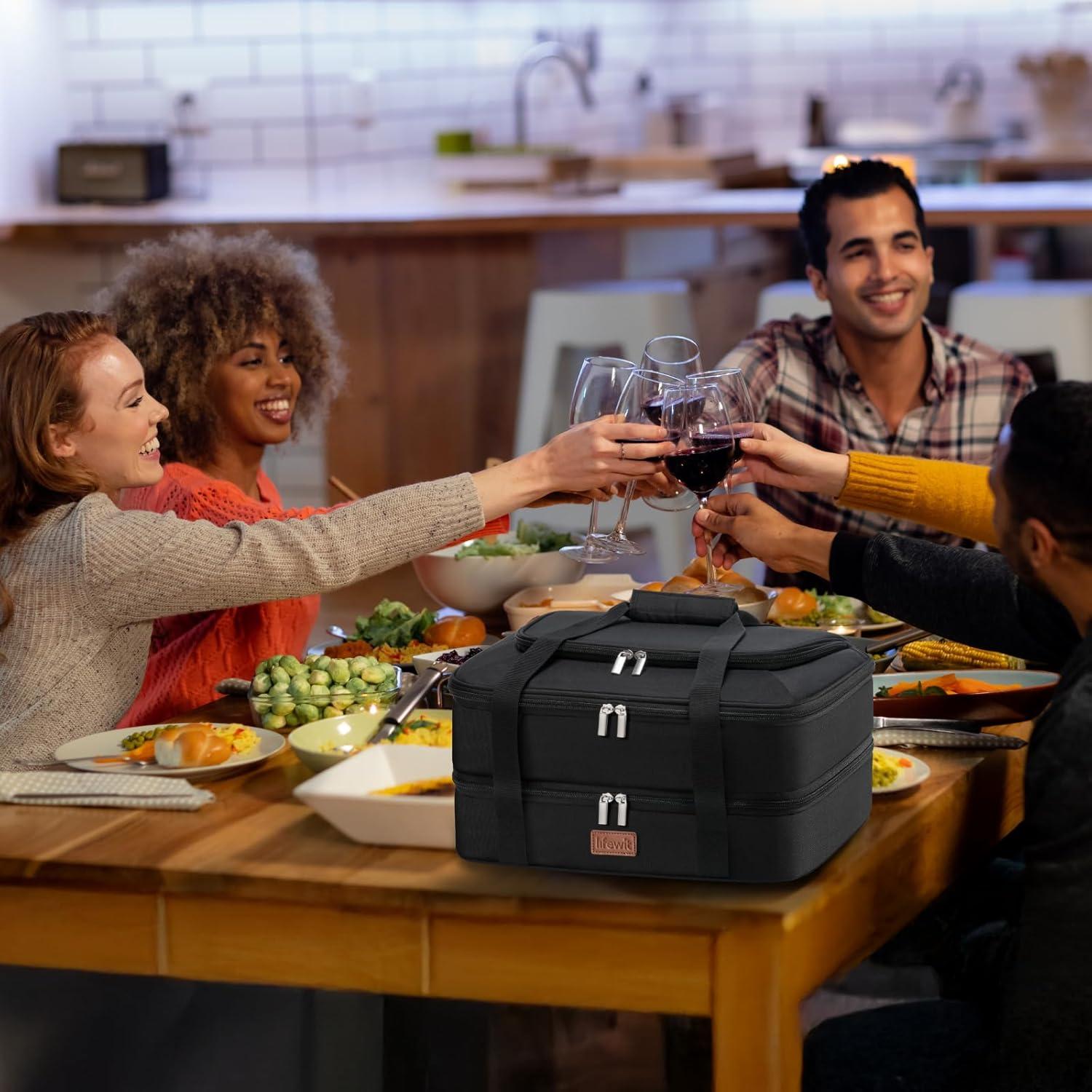 imageLifewit Double Decker Casserole Carrier for Hot and Cold Food Insulated Casserole Dish Carrier Carrying Case with Tool Room Thermal Bag for Potluck Parties Cookouts Fits 9quot13quot Baking Dish GrayBlack