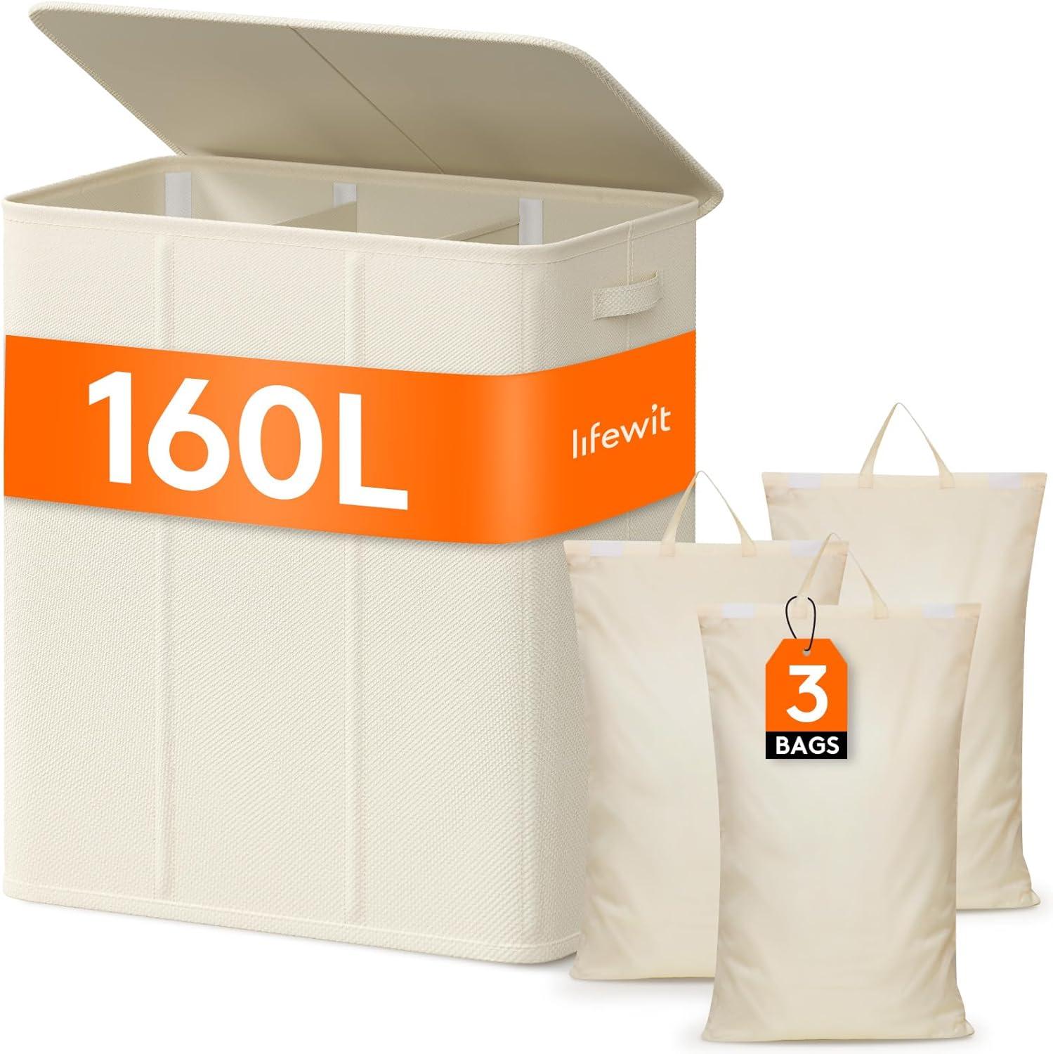 imageLifewit Double Laundry Hamper with Lid and Removable Laundry Bags Large Collapsible 2 Dividers Dirty Clothes Basket with Handles for Bedroom Laundry Room Closet Bathroom College 136L GrayWhite