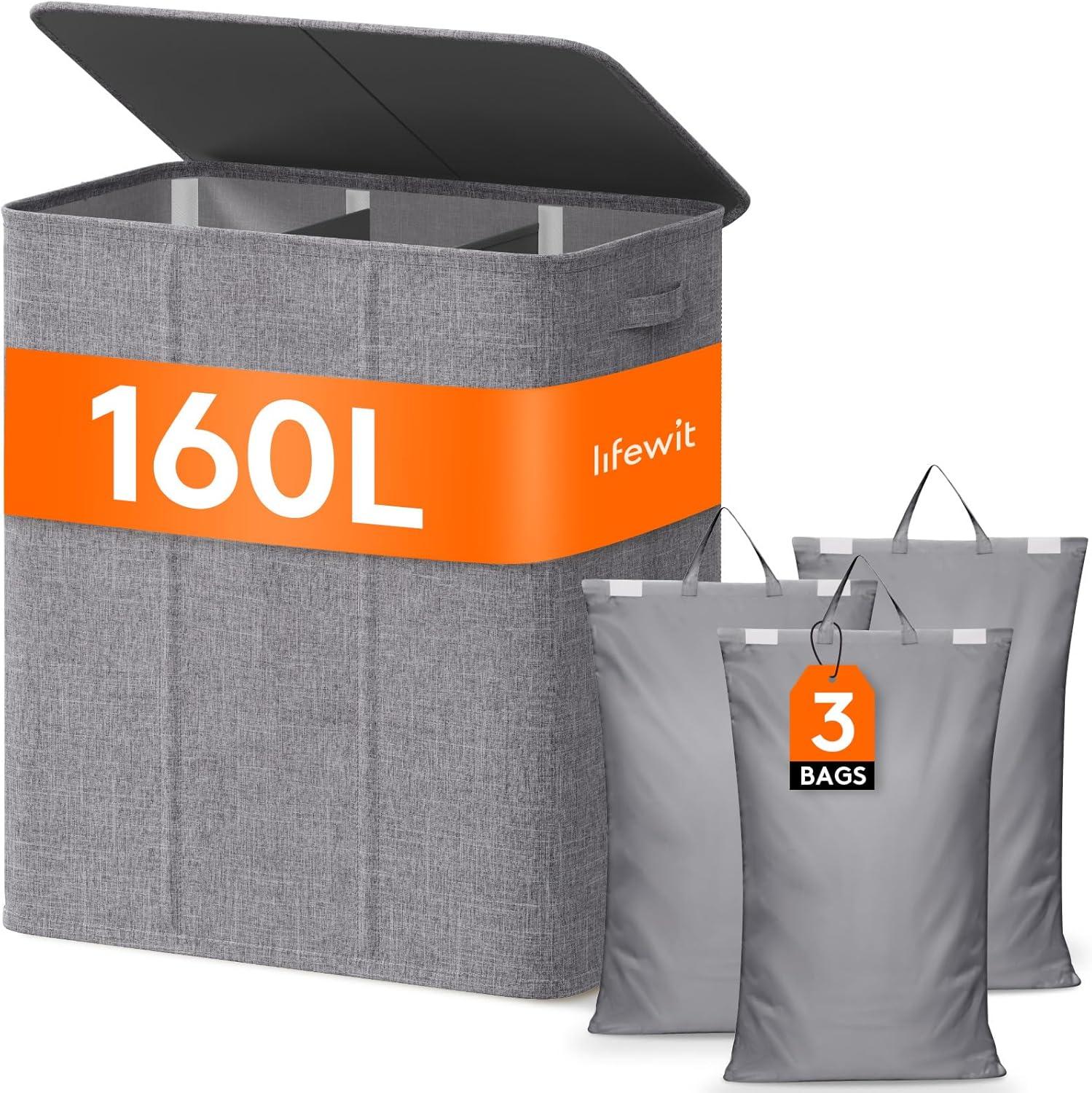 imageLifewit Double Laundry Hamper with Lid and Removable Laundry Bags Large Collapsible 2 Dividers Dirty Clothes Basket with Handles for Bedroom Laundry Room Closet Bathroom College 136L GrayLight Gray