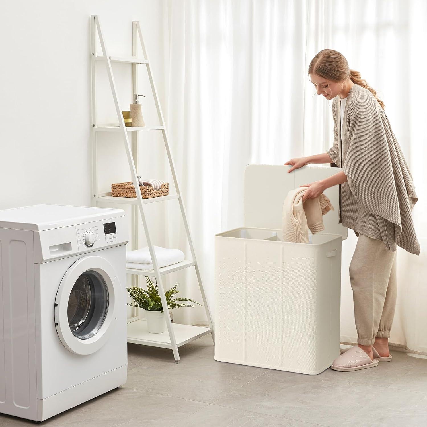 imageLifewit Double Laundry Hamper with Lid and Removable Laundry Bags Large Collapsible 2 Dividers Dirty Clothes Basket with Handles for Bedroom Laundry Room Closet Bathroom College 136L GrayWhite