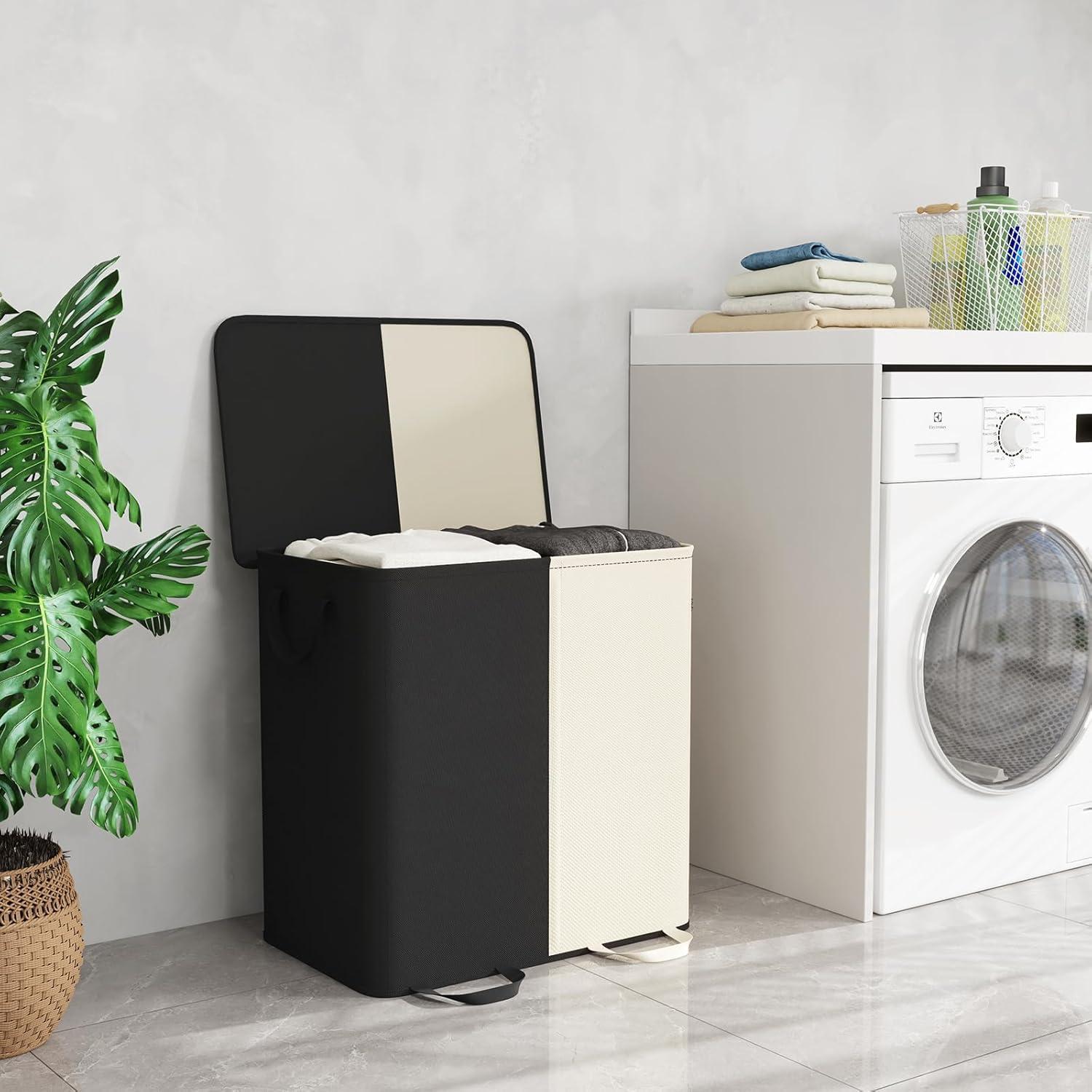 imageLifewit Double Laundry Hamper with Lid and Removable Laundry Bags Large Collapsible 2 Dividers Dirty Clothes Basket with Handles for Bedroom Laundry Room Closet Bathroom College 136L GrayWhiteblack