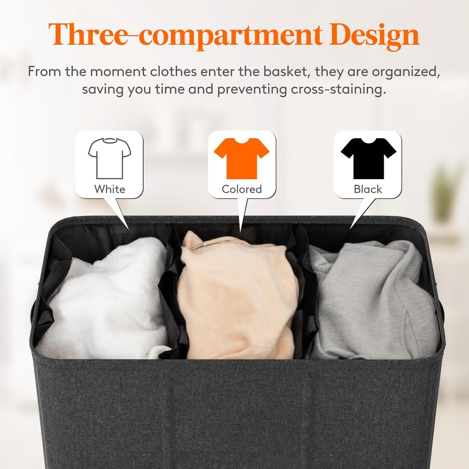 imageLifewit Double Laundry Hamper with Lid and Removable Laundry Bags Large Collapsible 2 Dividers Dirty Clothes Basket with Handles for Bedroom Laundry Room Closet Bathroom College 136L GrayDark Gray