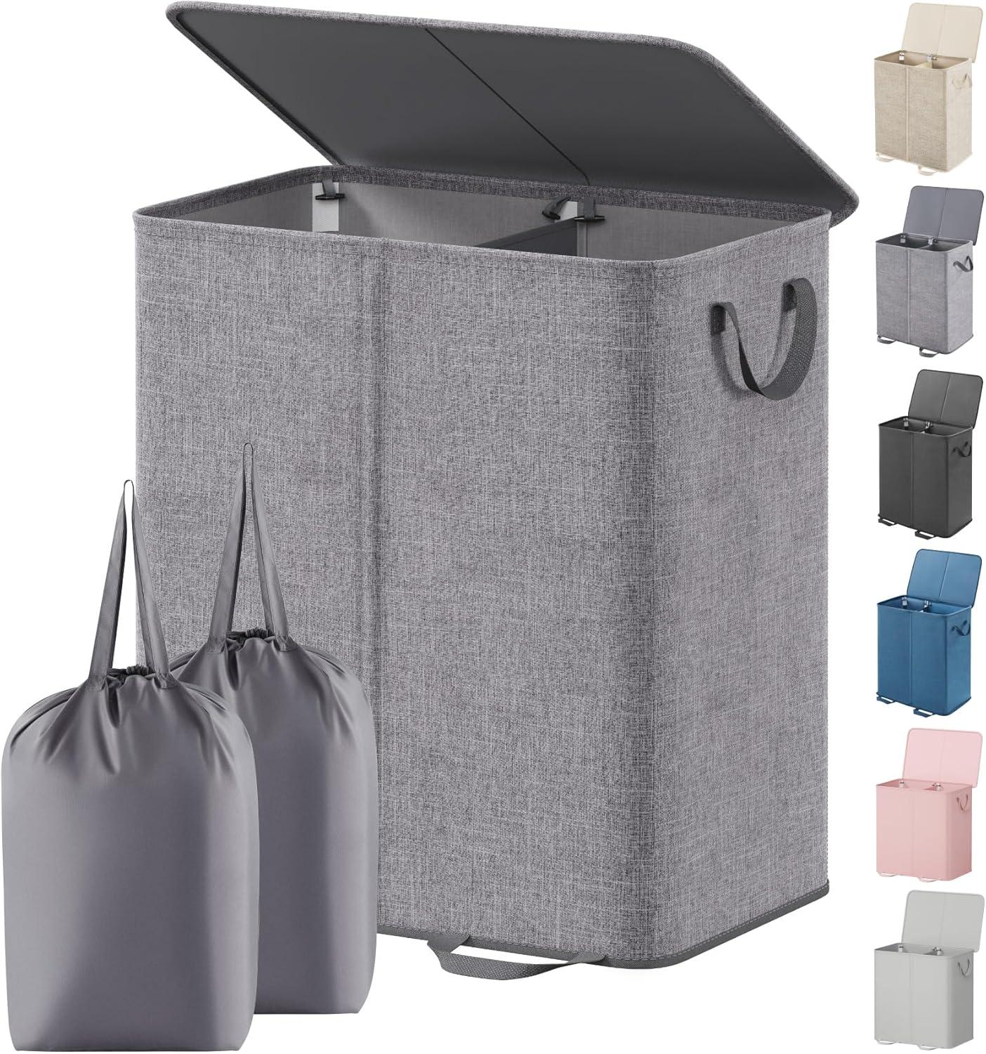 imageLifewit Double Laundry Hamper with Lid and Removable Laundry Bags Large Collapsible 2 Dividers Dirty Clothes Basket with Handles for Bedroom Laundry Room Closet Bathroom College 136L GrayGray