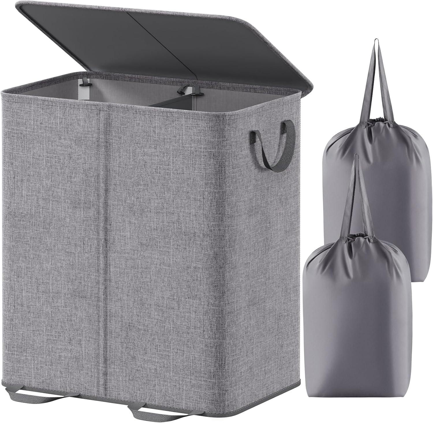 imageLifewit Double Laundry Hamper with Lid and Removable Laundry Bags Large Collapsible 2 Dividers Dirty Clothes Basket with Handles for Bedroom Laundry Room Closet Bathroom College 136L GrayGray