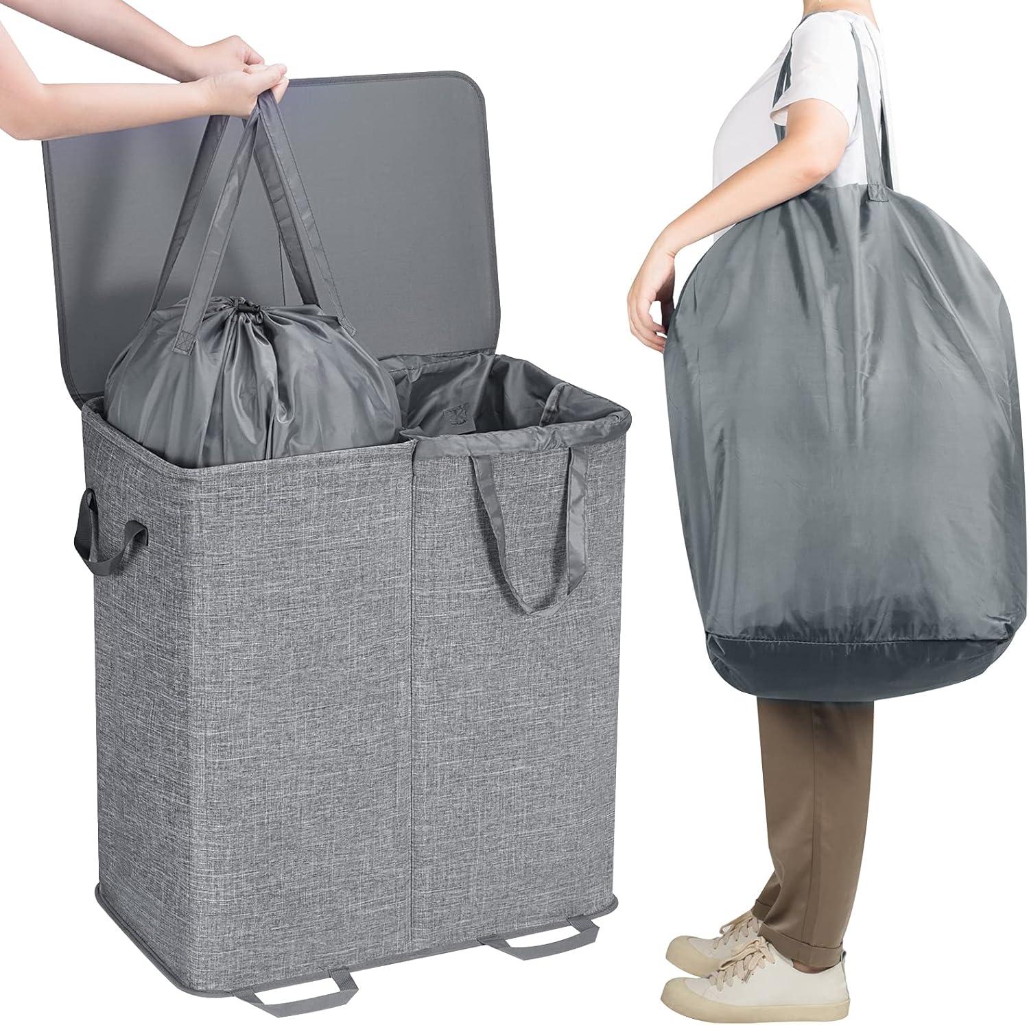 imageLifewit Double Laundry Hamper with Lid and Removable Laundry Bags Large Collapsible 2 Dividers Dirty Clothes Basket with Handles for Bedroom Laundry Room Closet Bathroom College 136L GrayGray
