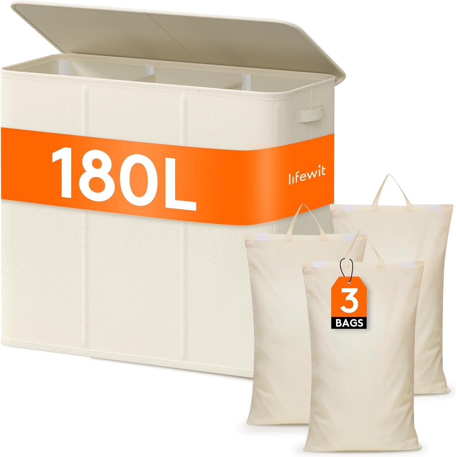 imageLifewit Double Laundry Hamper with Lid and Removable Laundry Bags Large Collapsible 2 Dividers Dirty Clothes Basket with Handles for Bedroom Laundry Room Closet Bathroom College 136L GrayLight Gray