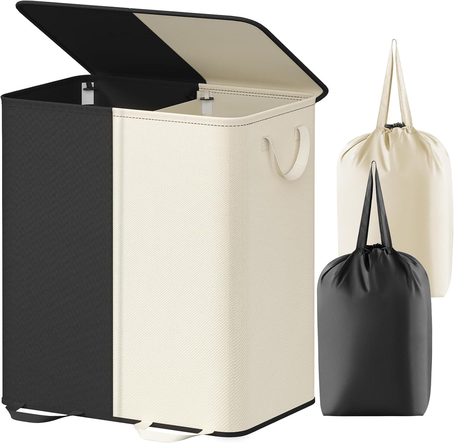 imageLifewit Double Laundry Hamper with Lid and Removable Laundry Bags Large Collapsible 2 Dividers Dirty Clothes Basket with Handles for Bedroom Laundry Room Closet Bathroom College 136L GrayWhiteblack