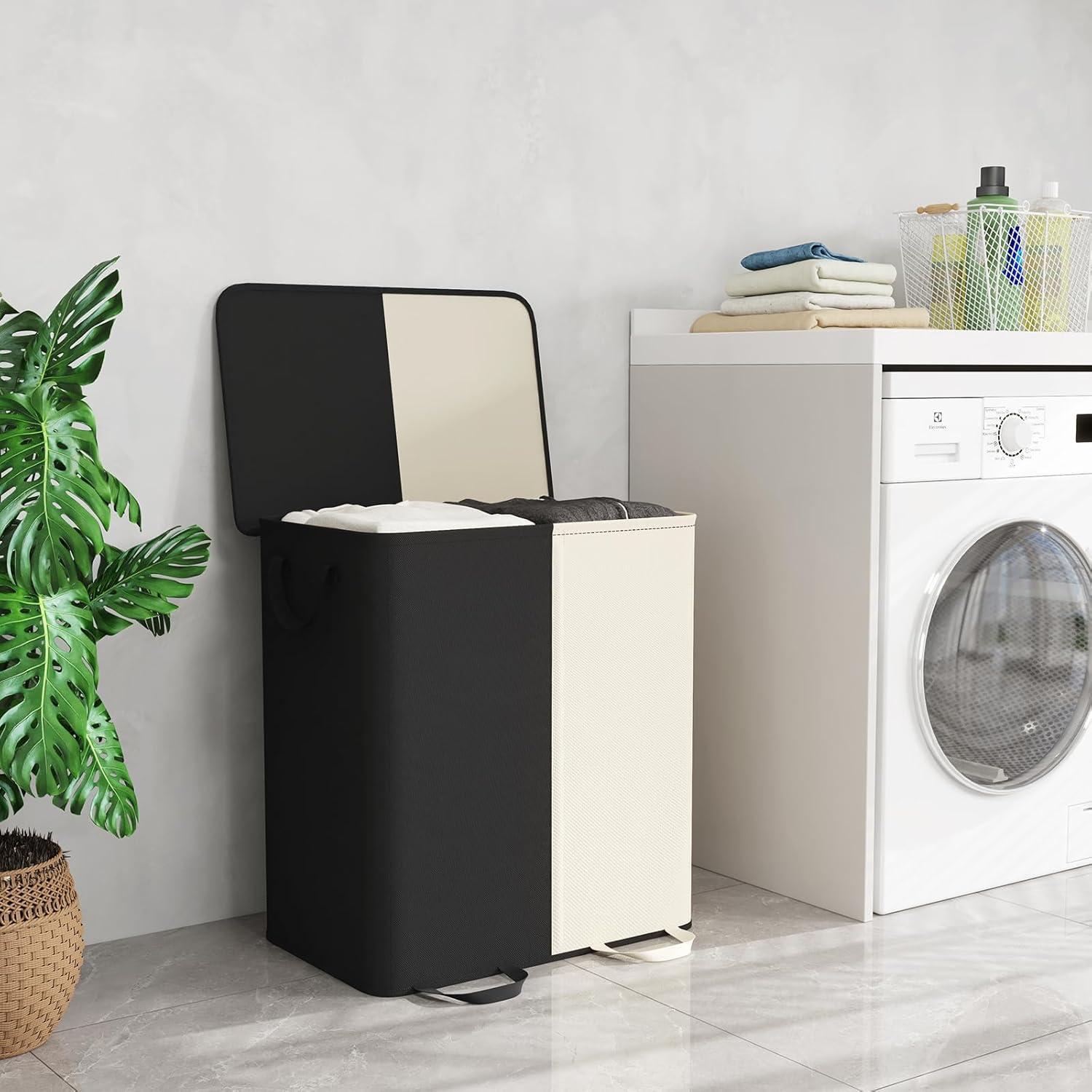 imageLifewit Double Laundry Hamper with Lid and Removable Laundry Bags Large Collapsible 2 Dividers Dirty Clothes Basket with Handles for Bedroom Laundry Room Closet Bathroom College 136L GrayWhiteblack