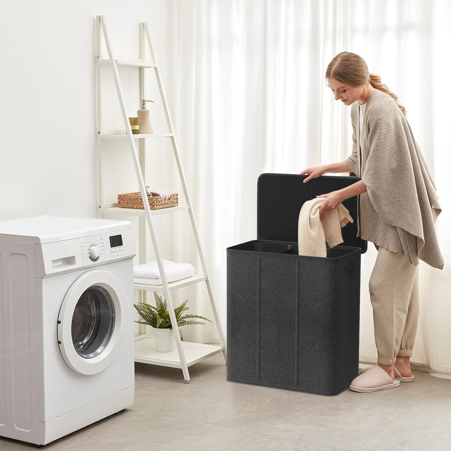 imageLifewit Double Laundry Hamper with Lid and Removable Laundry Bags Large Collapsible 2 Dividers Dirty Clothes Basket with Handles for Bedroom Laundry Room Closet Bathroom College 136L GrayDark Gray