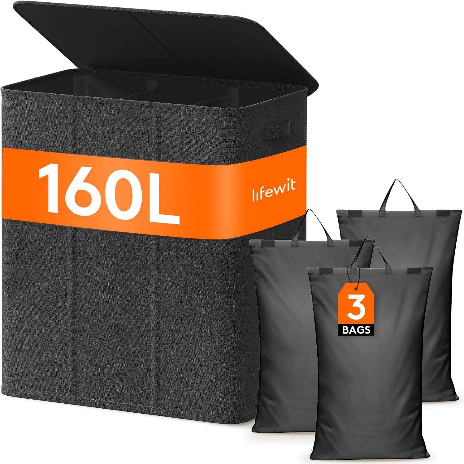 imageLifewit Double Laundry Hamper with Lid and Removable Laundry Bags Large Collapsible 2 Dividers Dirty Clothes Basket with Handles for Bedroom Laundry Room Closet Bathroom College 136L GrayDark Gray