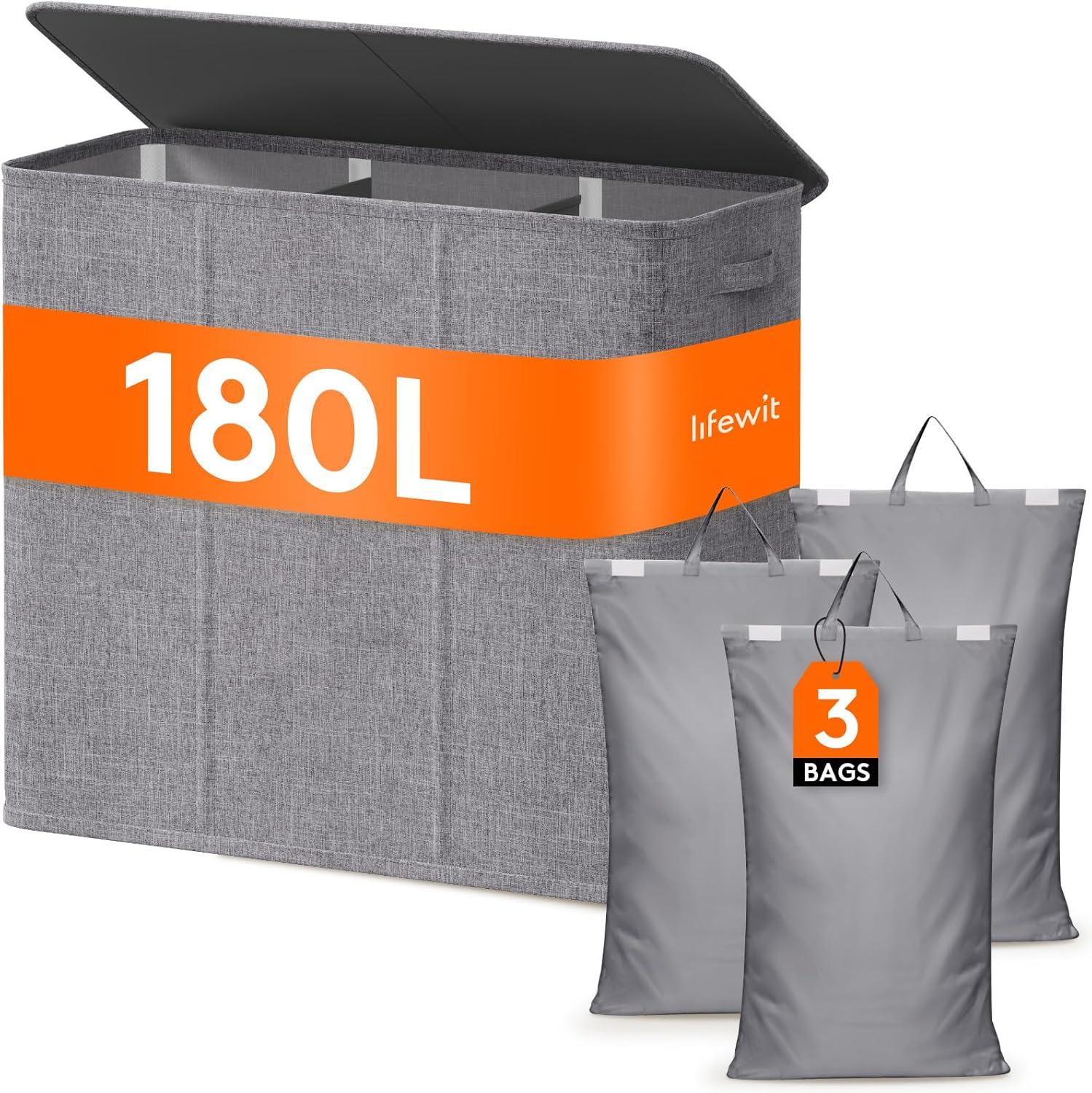 imageLifewit Double Laundry Hamper with Lid and Removable Laundry Bags Large Collapsible 2 Dividers Dirty Clothes Basket with Handles for Bedroom Laundry Room Closet Bathroom College 136L GrayDark Gray