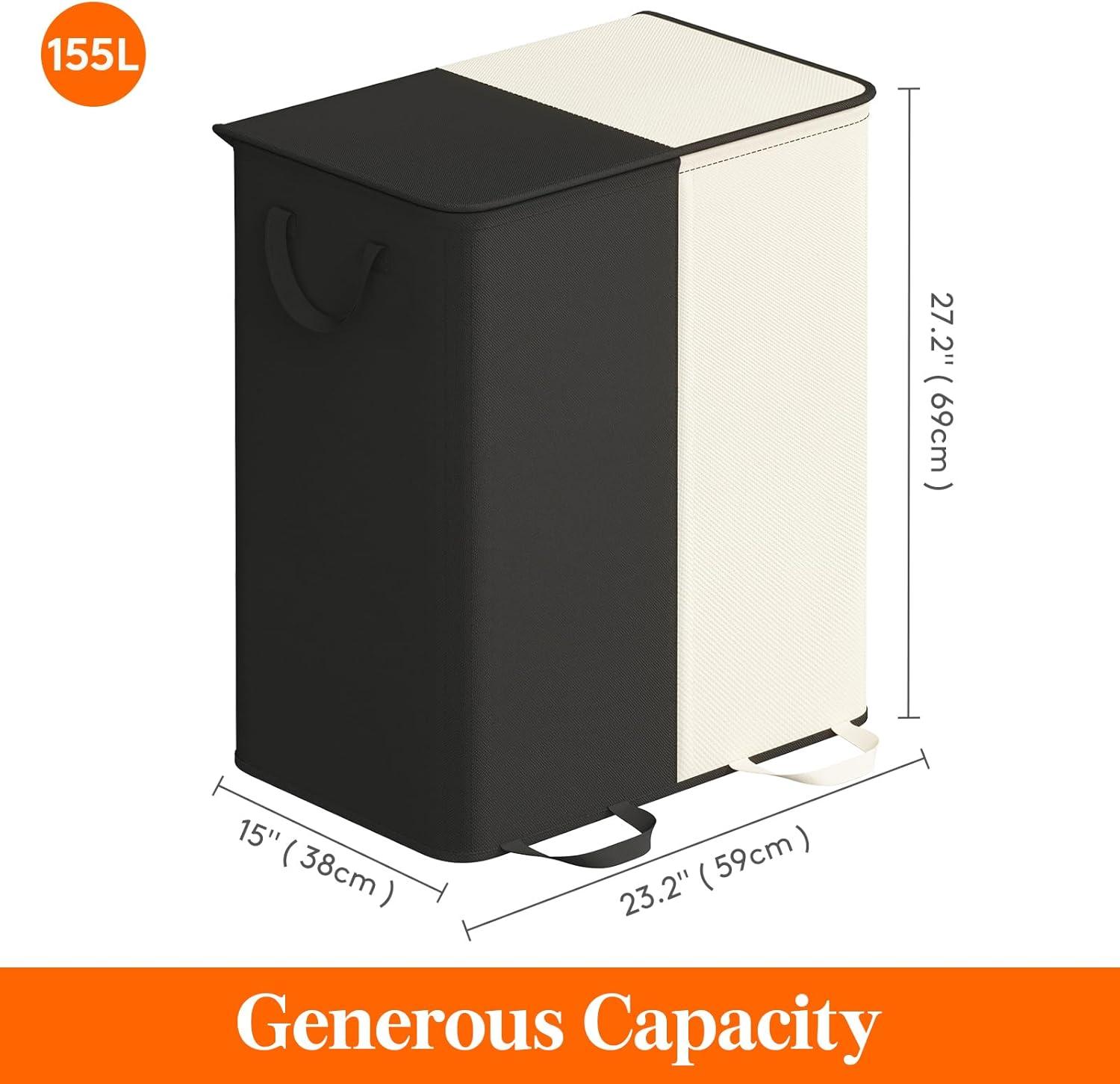 imageLifewit Double Laundry Hamper with Lid and Removable Laundry Bags Large Collapsible 2 Dividers Dirty Clothes Basket with Handles for Bedroom Laundry Room Closet Bathroom College 136L GrayWhiteblack